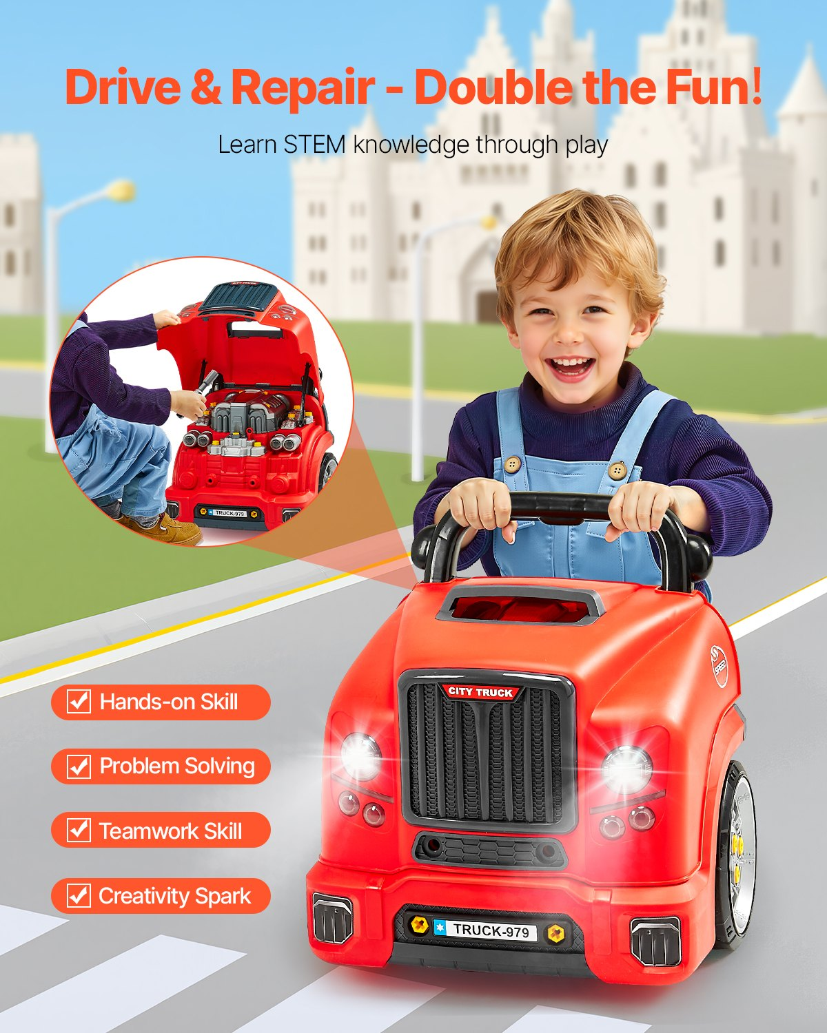 VEVOR Engine Toy, 60 Pieces, Kids Mechanic Car Repair Set with Removable Parts, Lights and Sounds, Steering Wheel and Horn, Kids Mechanic Workshop Set for Toddler Ages 3 Years and Up, Red