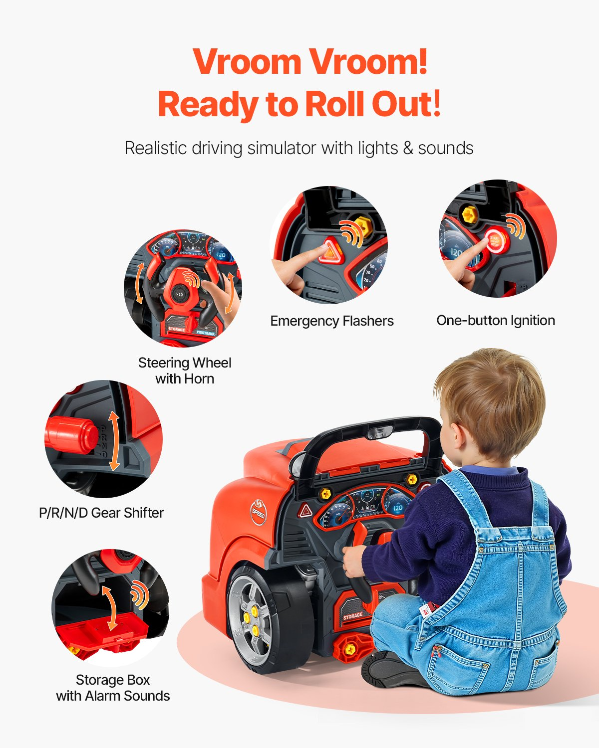 VEVOR Engine Toy, 60 Pieces, Kids Mechanic Car Repair Set with Removable Parts, Lights and Sounds, Steering Wheel and Horn, Kids Mechanic Workshop Set for Toddler Ages 3 Years and Up, Red