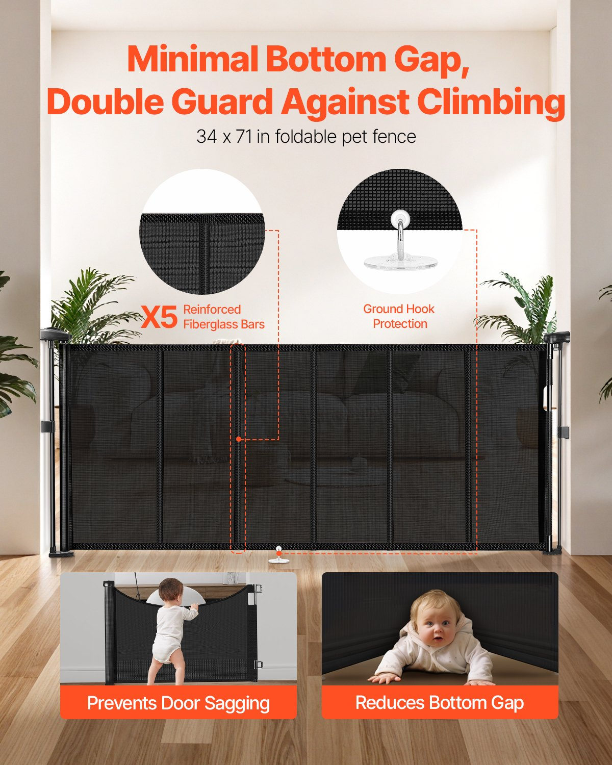 Retractable Baby Safety Gate – Extra Tall 34 Inch Mesh Barrier (71 Inch Wide)