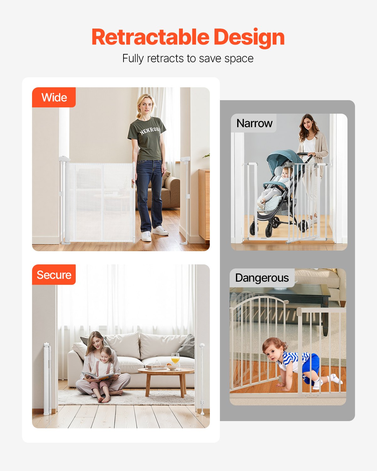 VEVOR Retractable Baby Gate, 34 inch Tall, Extends up to 55 inch Wide, Retractable Gate for Kids or Pets, Mesh Material, Easy to Install for Indoor Stairs, Doorways, Hallways, Playrooms, White