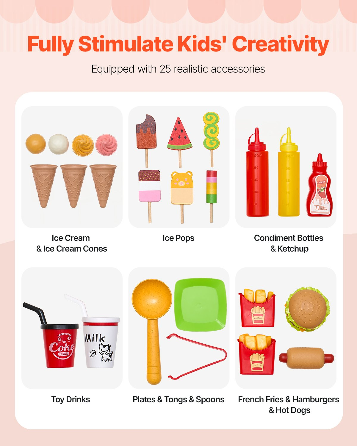 Kids Ice Cream Cart Pretend Play Set with 20+ Accessories, Awning & Storage