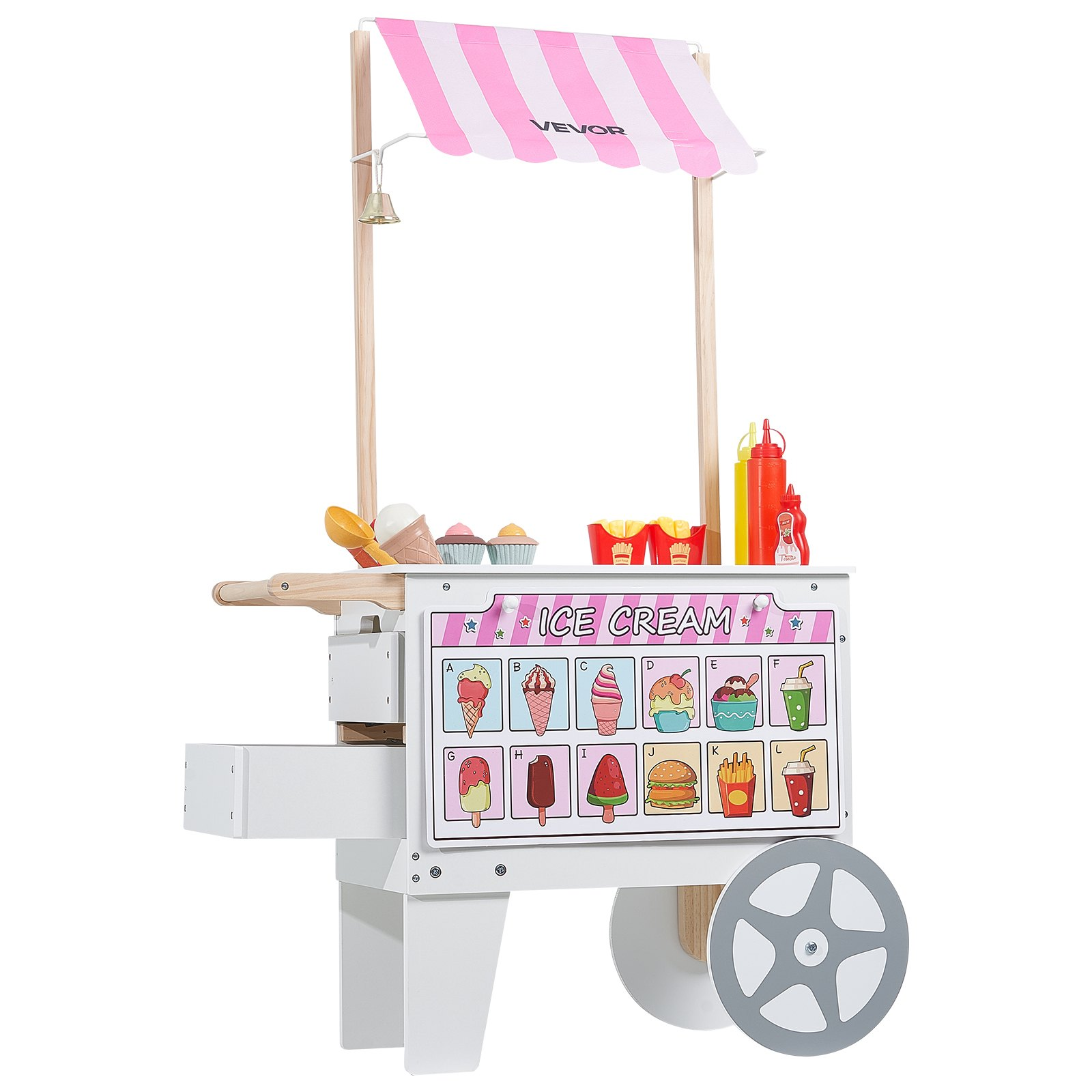 Kids Ice Cream Cart Pretend Play Set with 20+ Accessories, Awning & Storage