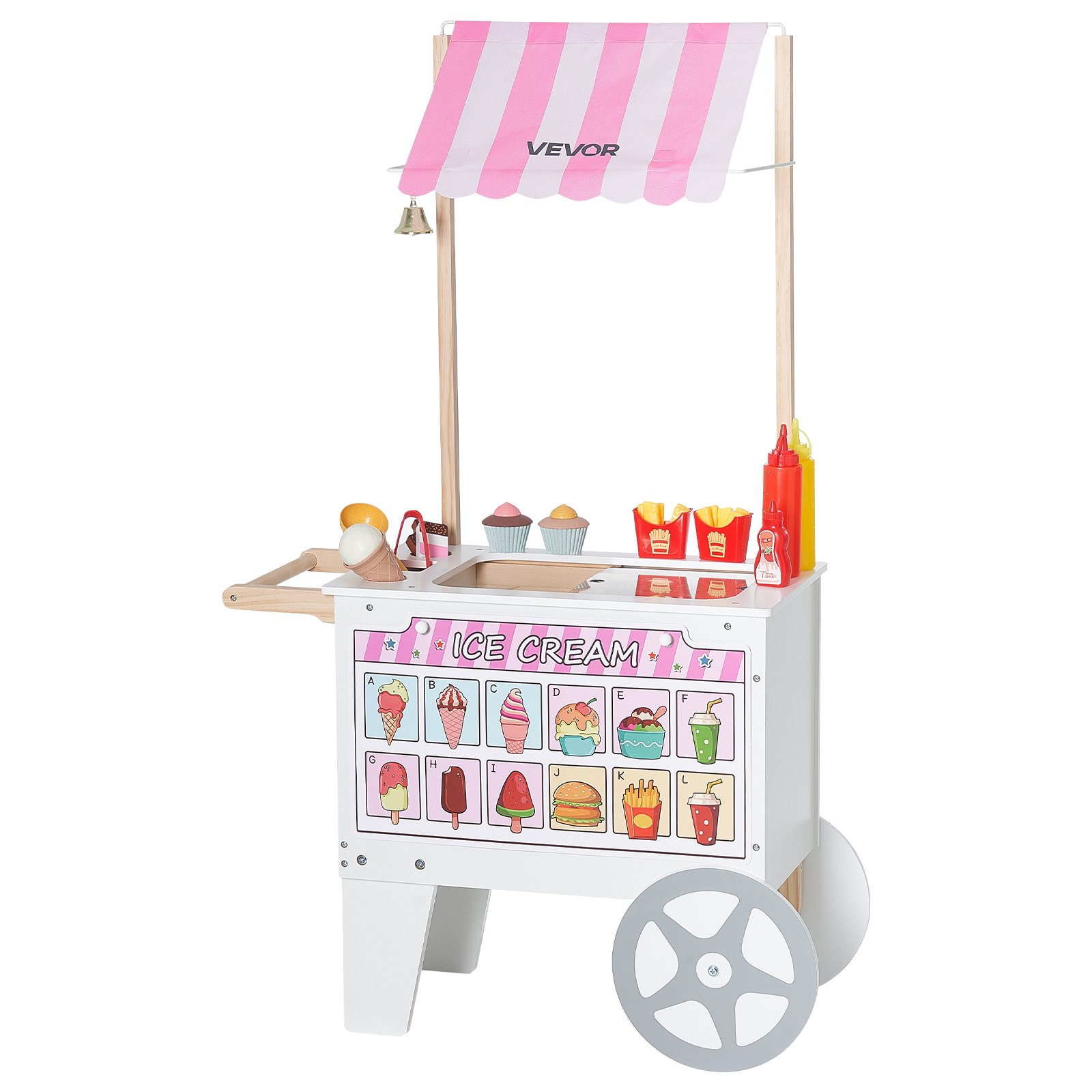 Kids Ice Cream Cart Pretend Play Set with 20+ Accessories, Awning & Storage