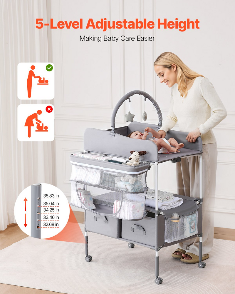 Foldable Baby Changing Table with Drawers – Adjustable Height Diaper Station with Wheels
