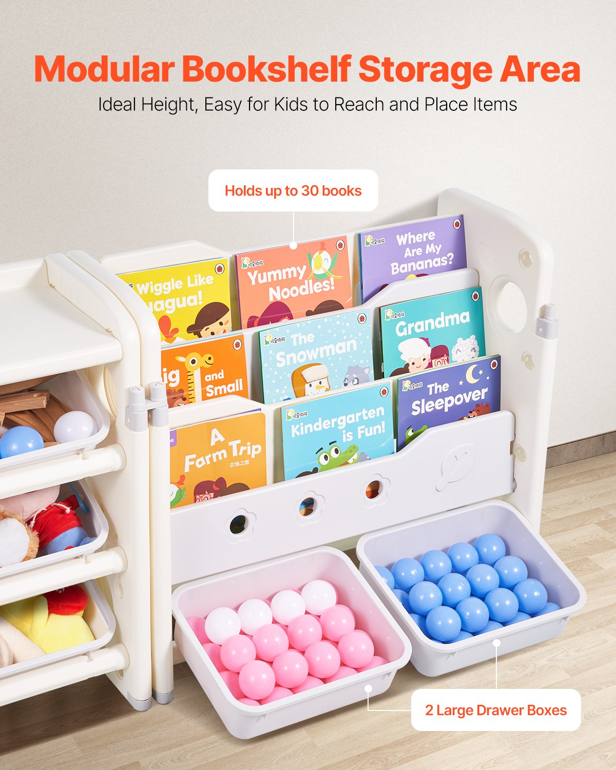 VEVOR Kids Toy Storage with Bookshelf, 4-Tier Toy Storage Organizer with 10 Movable Plastic Bins, Kids Cubby Cabinet with Bookshelf for Study Room, Bedroom, Playroom, Classroom, Nursery, Gray + Beige