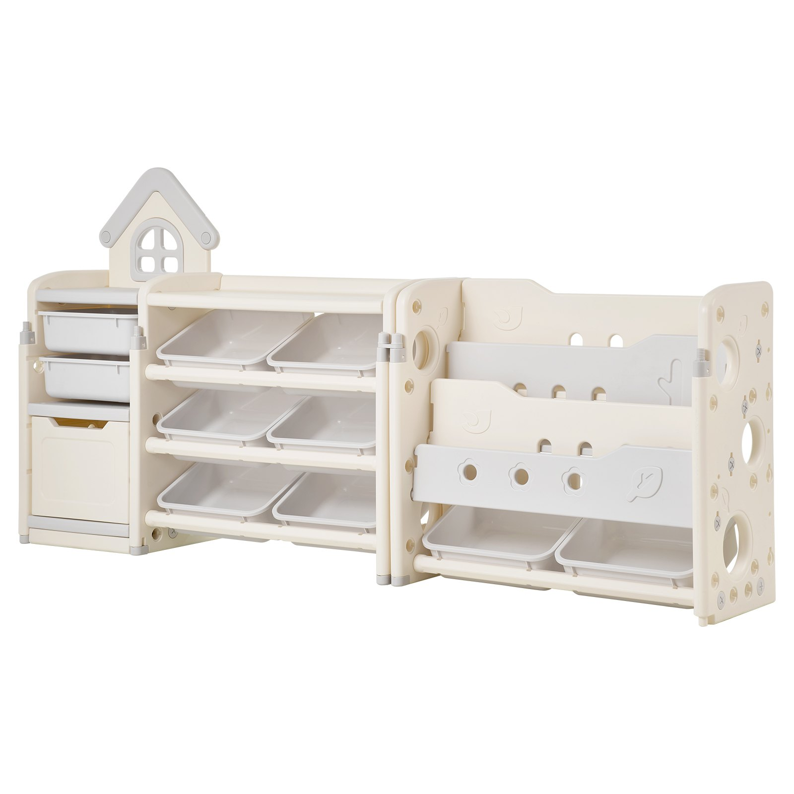 VEVOR Kids Toy Storage with Bookshelf, 4-Tier Toy Storage Organizer with 10 Movable Plastic Bins, Kids Cubby Cabinet with Bookshelf for Study Room, Bedroom, Playroom, Classroom, Nursery, Gray + Beige