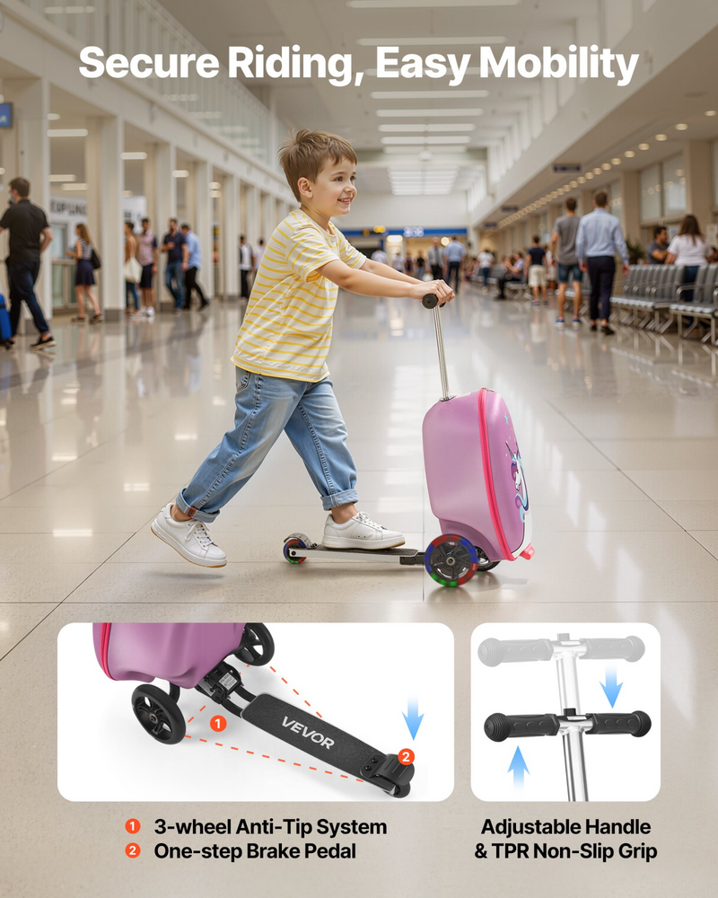 ScootCase™ Kids Ride-On Scooter Suitcase – 20" Foldable Travel Luggage with LED Wheels (Purple)