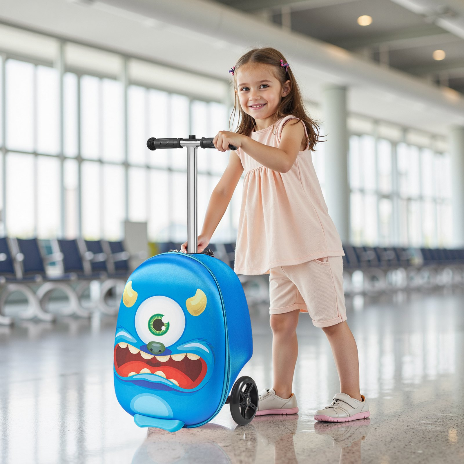 Ride-on Luggage, 20 L Capacity, 20 Inches Kids Scooter Suitcase with Flash PU Wheels, Adjustable Handle & TPR Non-Slip Grip, Foldable & Lightweight Scooter Luggage for Kids Aged 5+, Blue