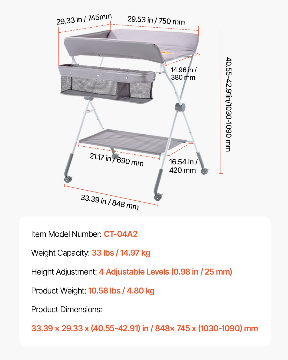 Foldable Baby Changing Table with Storage Basket – Adjustable Height