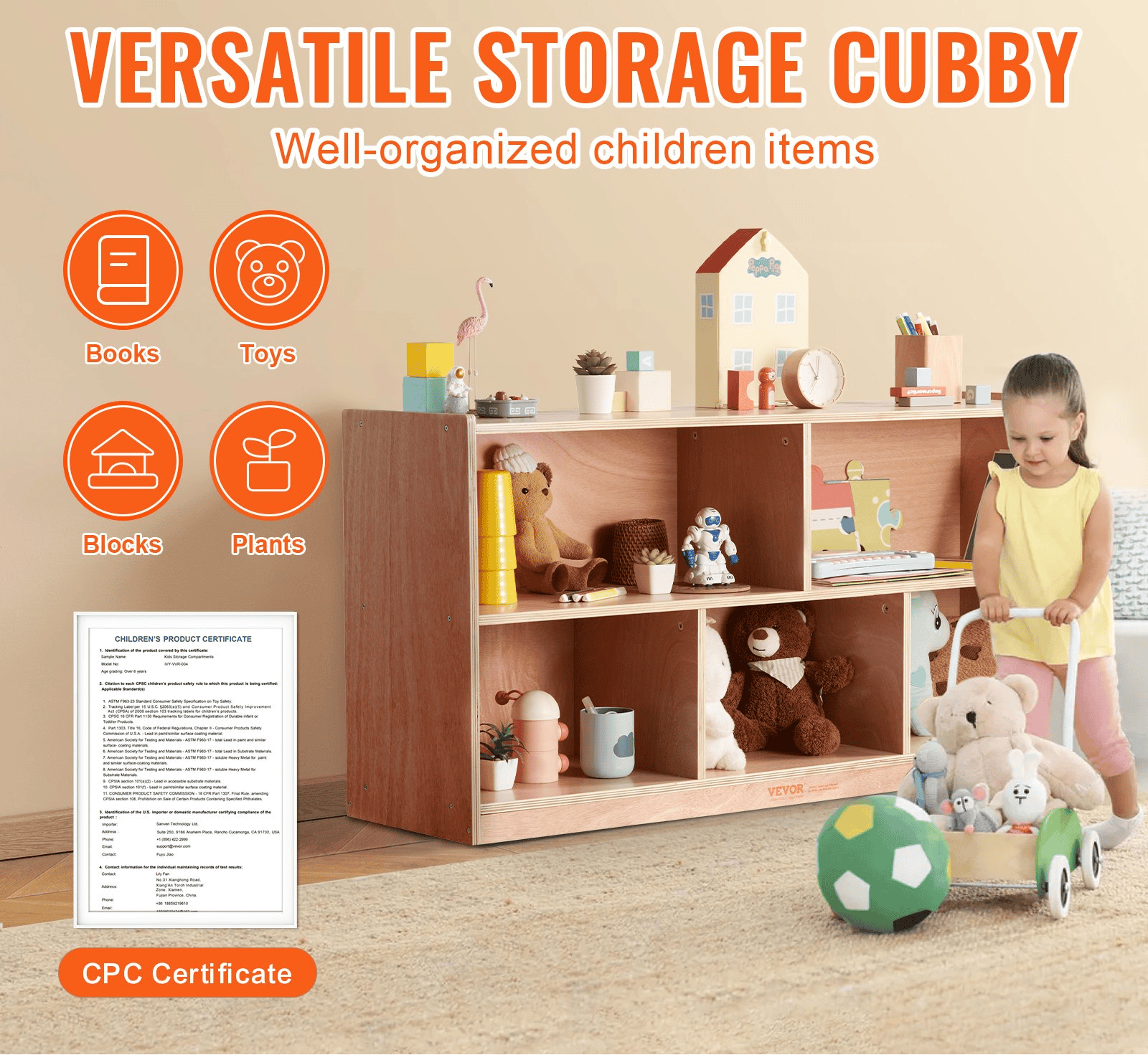 5-Section Kids Cubby Storage Cabinet with 2 Shelves – Wooden Storage Organizer for Home & Classroom