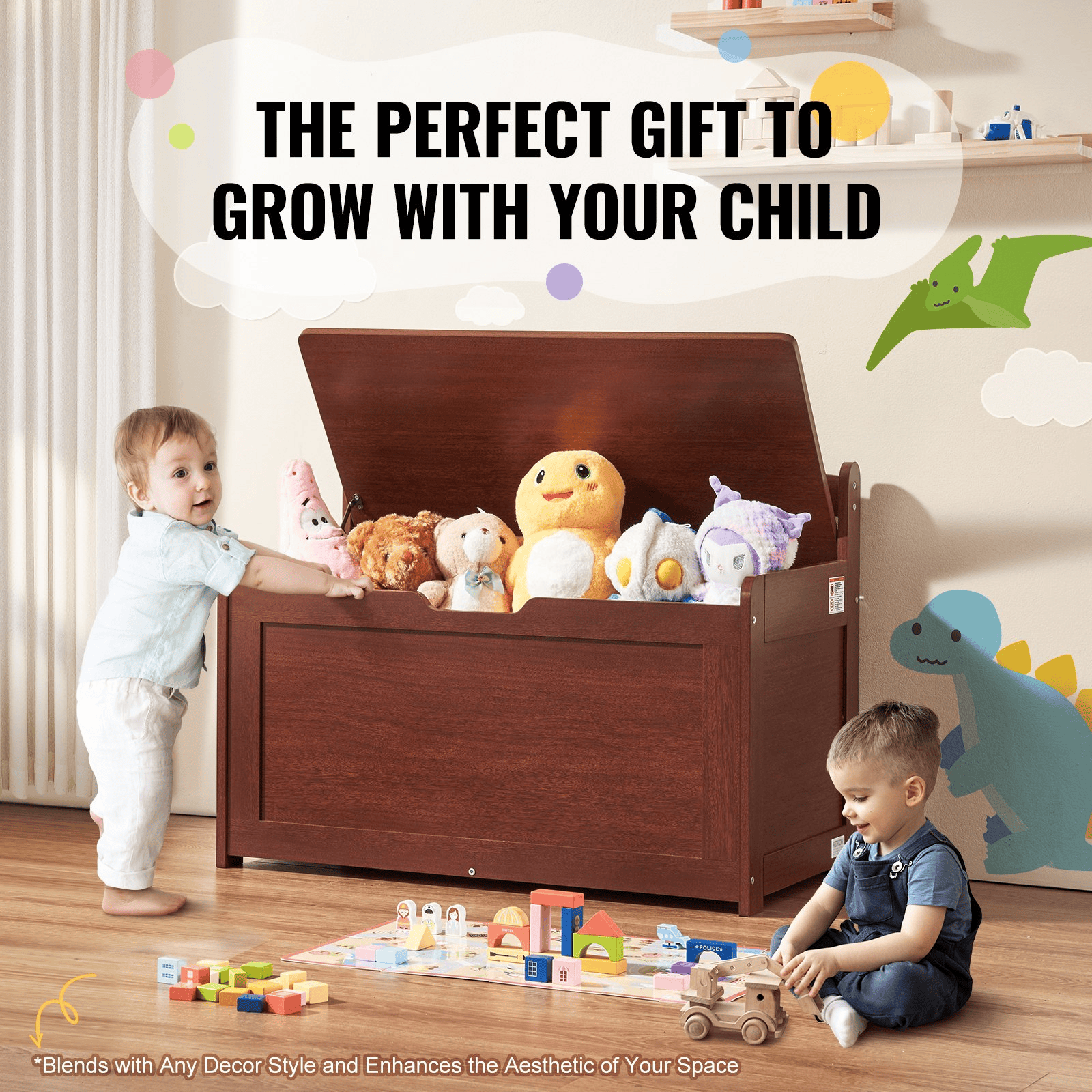 Wooden Toy Chest for Kids, Toddler Toy Storage Box with Flip-Top Lid and Safety Hinge, 32.68 x 17.91 x 24.02 Large Kids Storage Bench for Playroom, Bedroom, Living Room or Entryway, Cherry