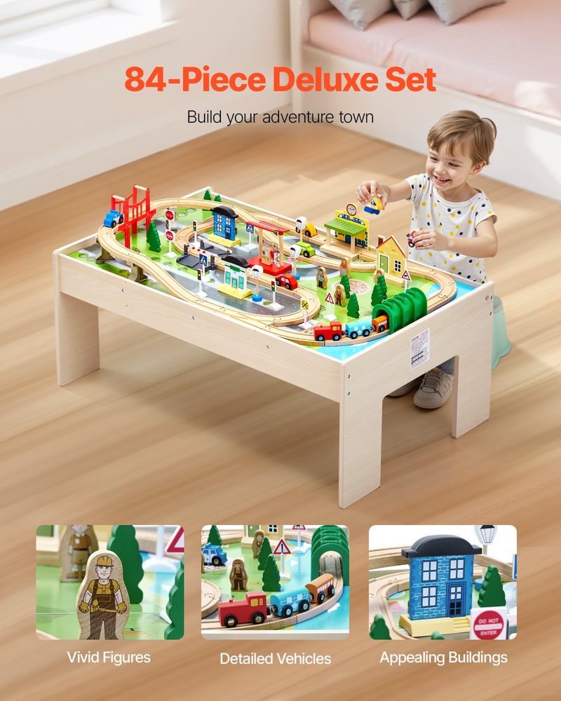 3-in-1 Wooden Train Table & Activity Set – 84-Piece Kids Train Table with Storage Bin for Building, Drawing & Creative Play Ages 3+