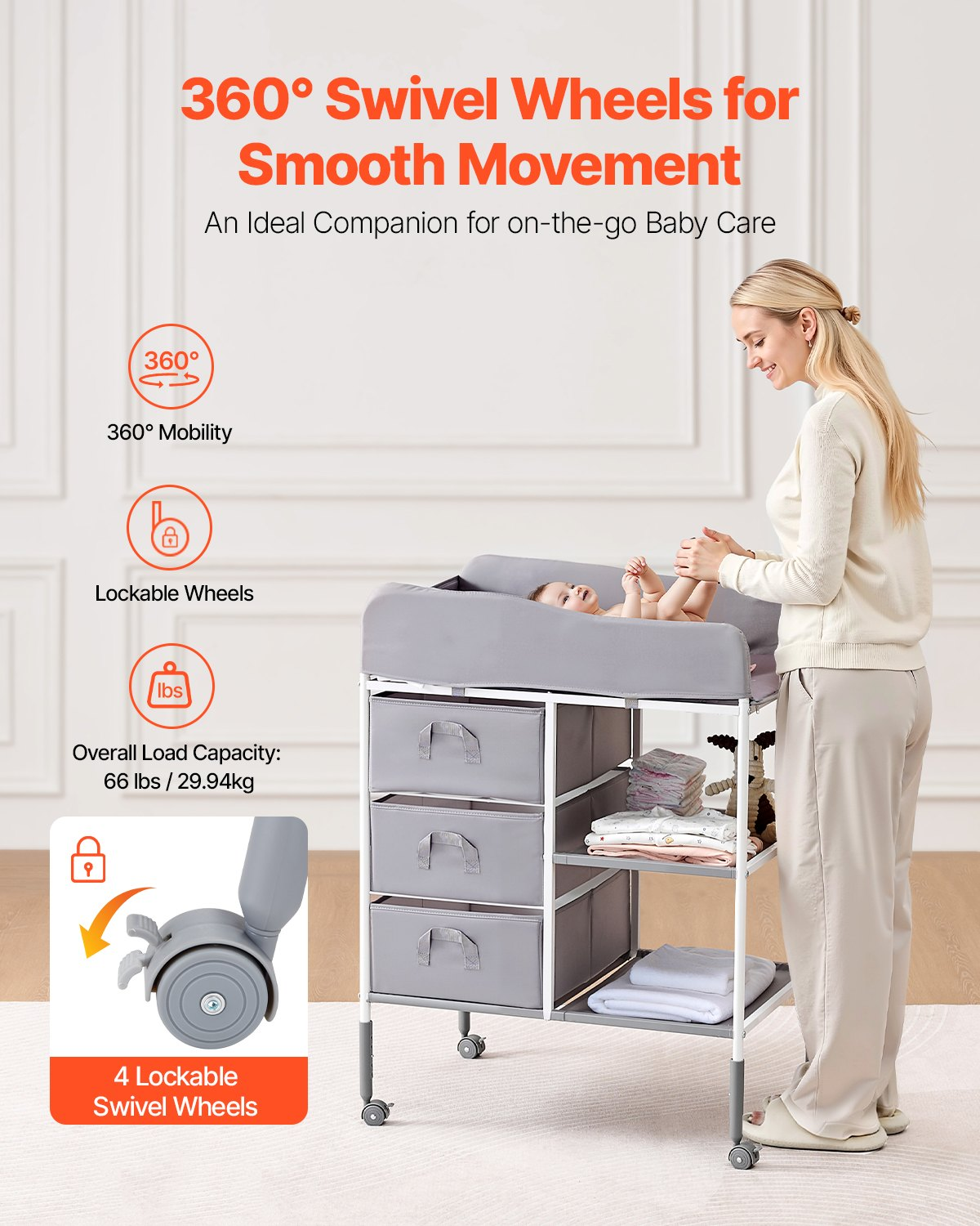Portable Baby Changing Table with 3 Drawers – Adjustable Height Diaper Station with Wheels