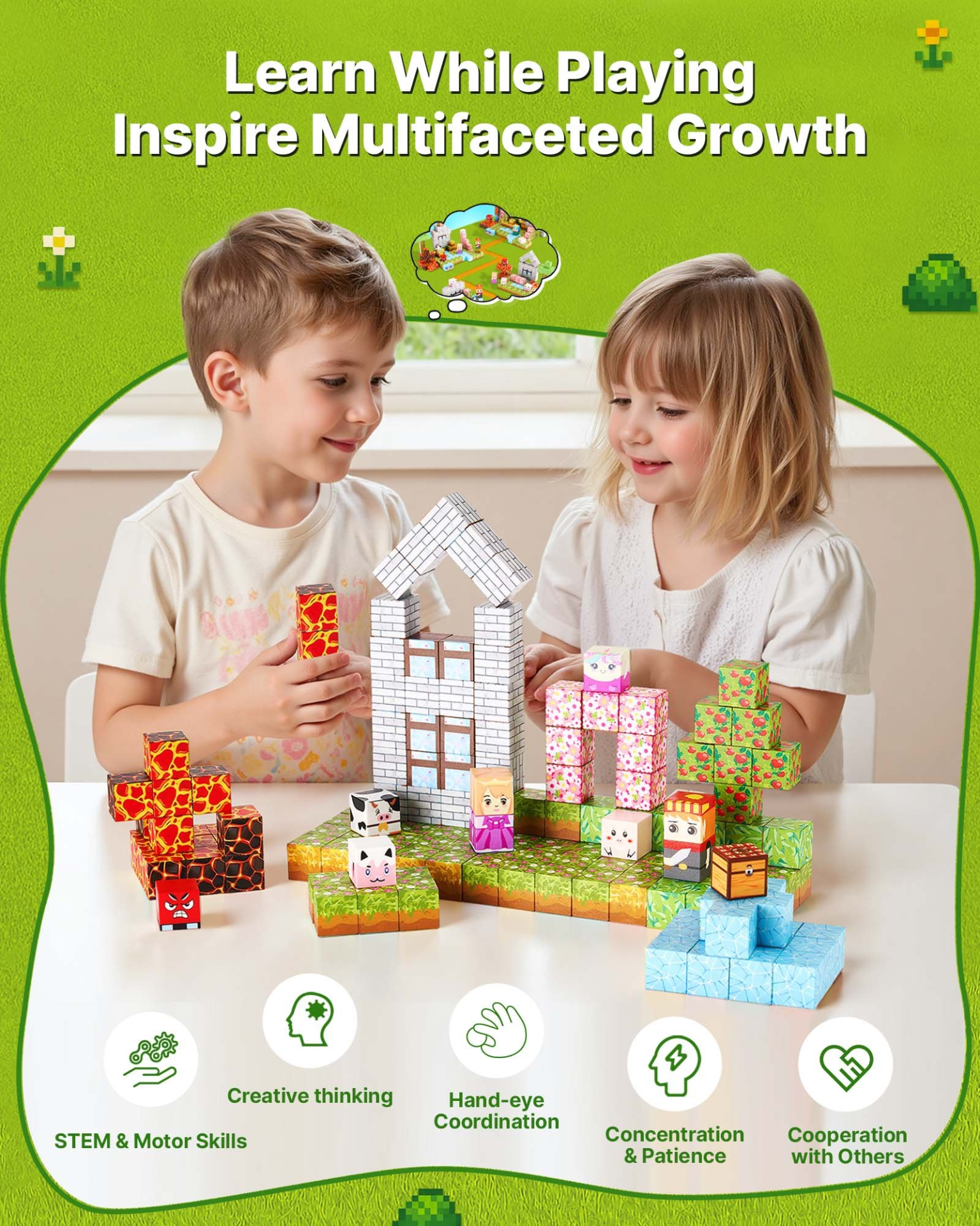 VEVOR Magnetic Blocks, 150 PCS Forest Castle Set, Magnetic Building Cubes for Kids, STEM Montessori Sensory Toys for Christmas Birthday Gift, Construction Stacking Toy for 3+ Years Old Boys & Girls