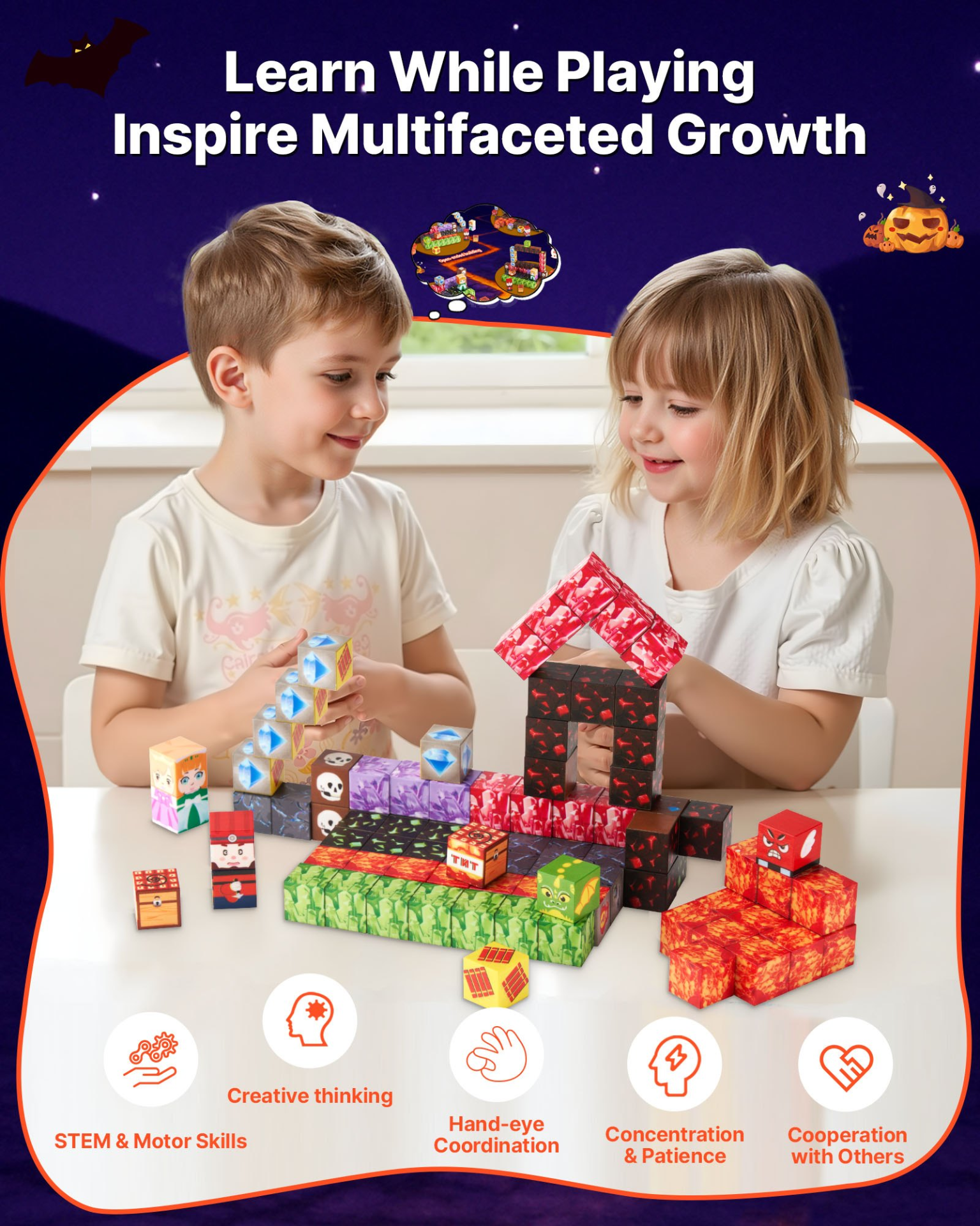VEVOR Magnetic Blocks, 100 PCS Dark Castle Set, Magnetic Building Cubes for Kids, STEM Montessori Sensory Toys for Christmas Birthday Gift, Construction Stacking Toy for 3+ Years Old Boys & Girls