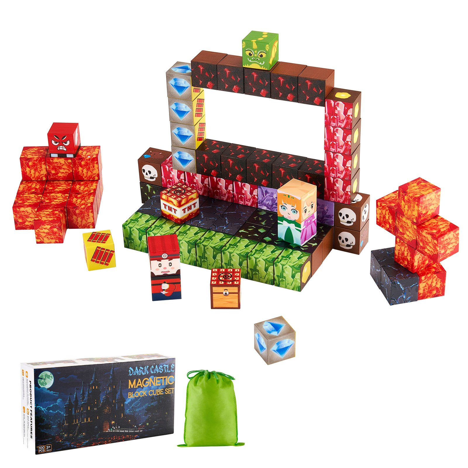 VEVOR Magnetic Blocks, 100 PCS Dark Castle Set, Magnetic Building Cubes for Kids, STEM Montessori Sensory Toys for Christmas Birthday Gift, Construction Stacking Toy for 3+ Years Old Boys & Girls