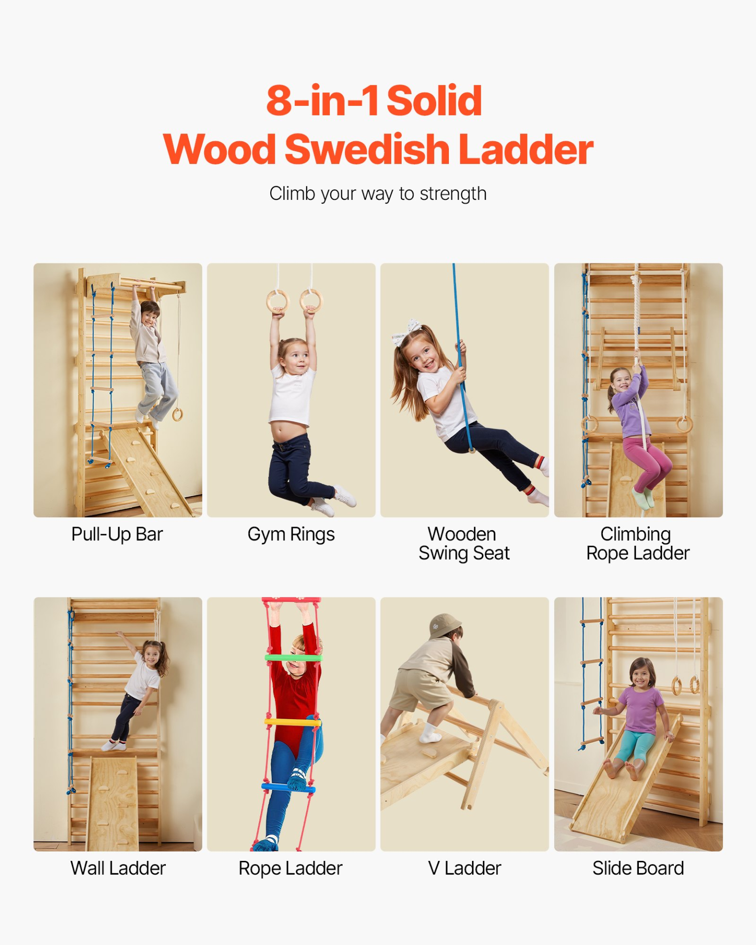 Swedish Wall Gym Climbing Set – 8-in-1 Wooden Jungle Gym for Kids Indoor Play