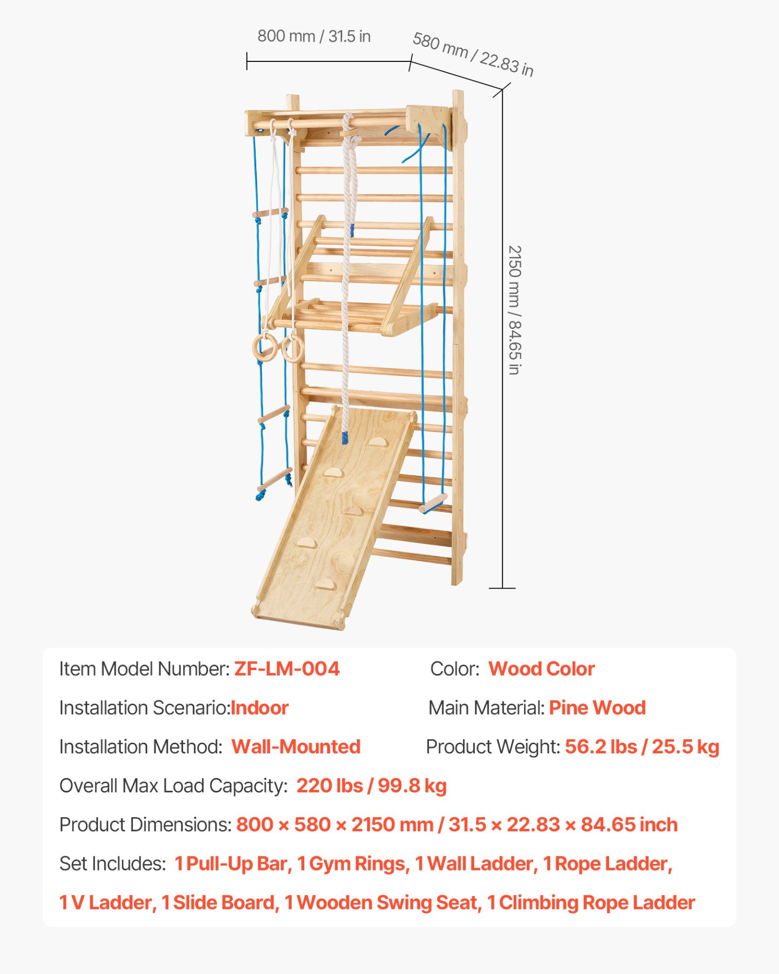Swedish Wall Gym Climbing Set – 8-in-1 Wooden Jungle Gym for Kids Indoor Play