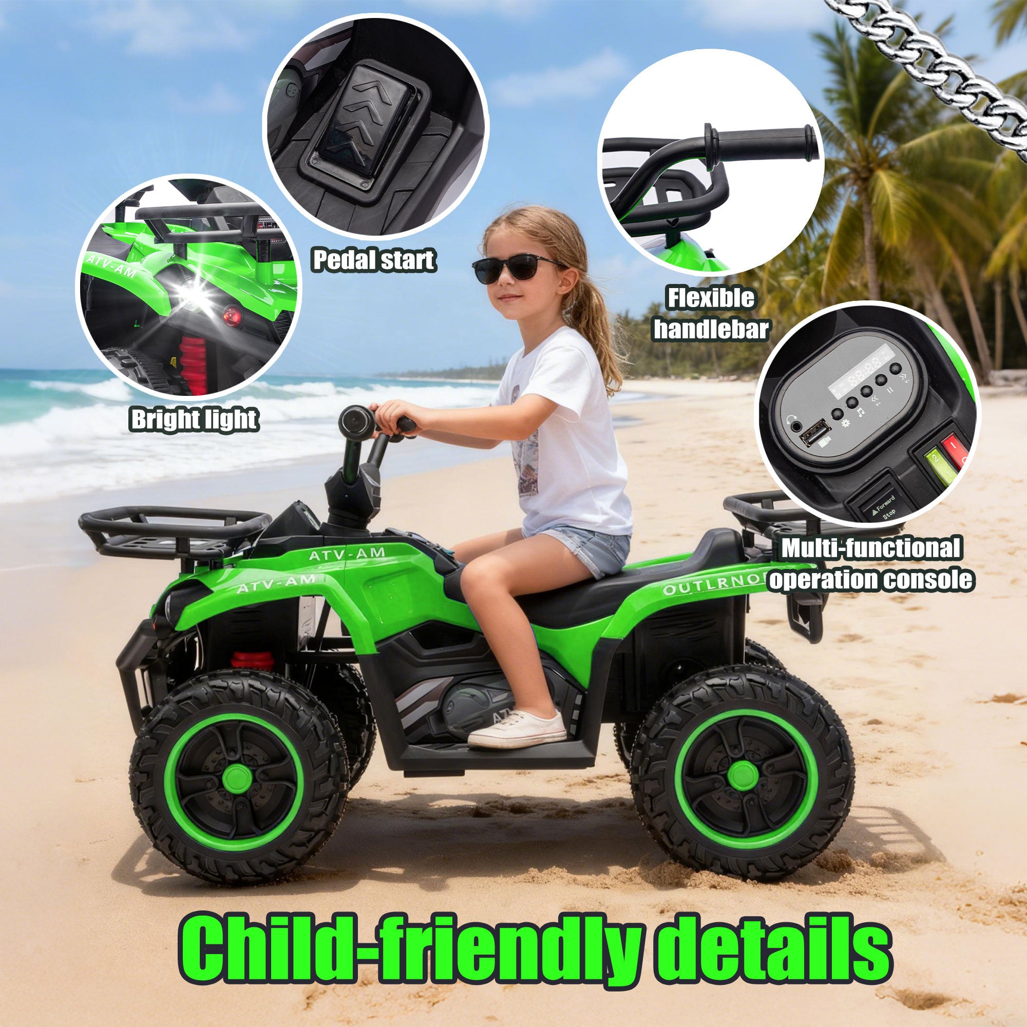 24V Kids Ride-On ATV – Dual 80W Motors, Bluetooth, LED Lights & Storage (Ages 3–5)