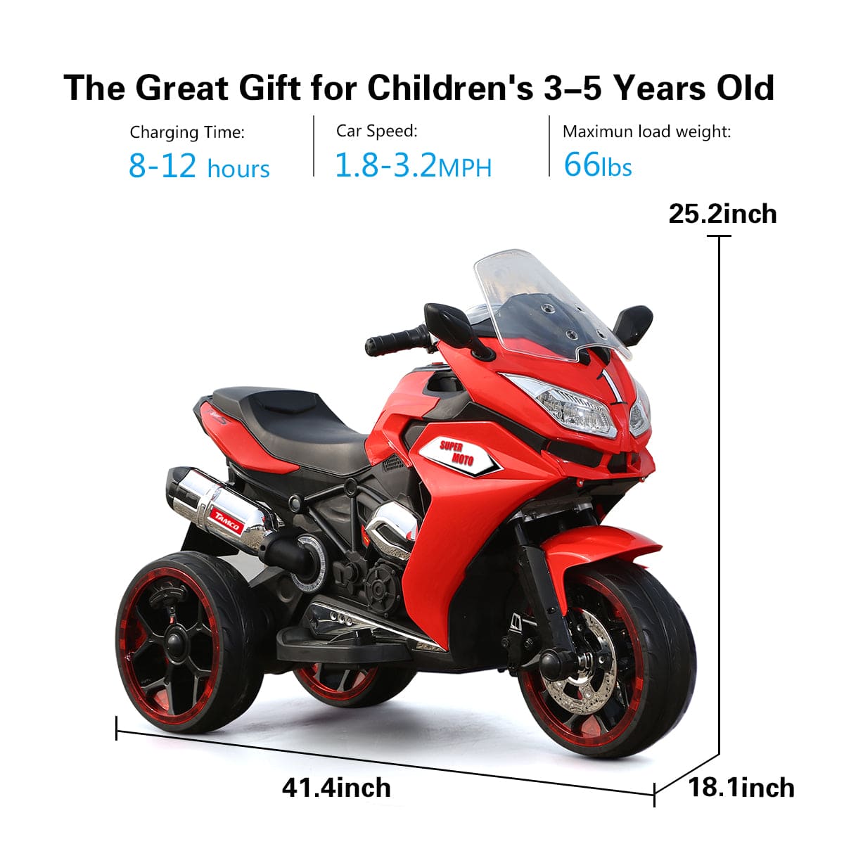 12V Kids Electric Motorcycle – 3-Wheel Ride-On Toy w/ Lights