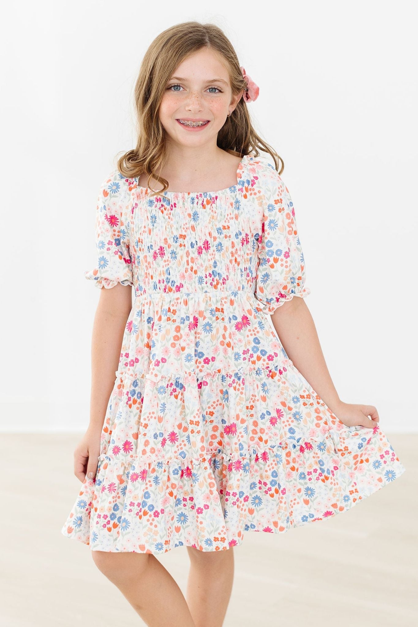 🌿 MeadowMagic Smocked Ruffle Dress ✨ – Whimsical Floral Charm for Little Girls