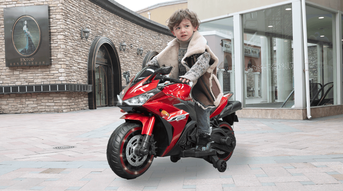 12V Kids Motorcycle Ride-On with Training Wheels & LED Lights