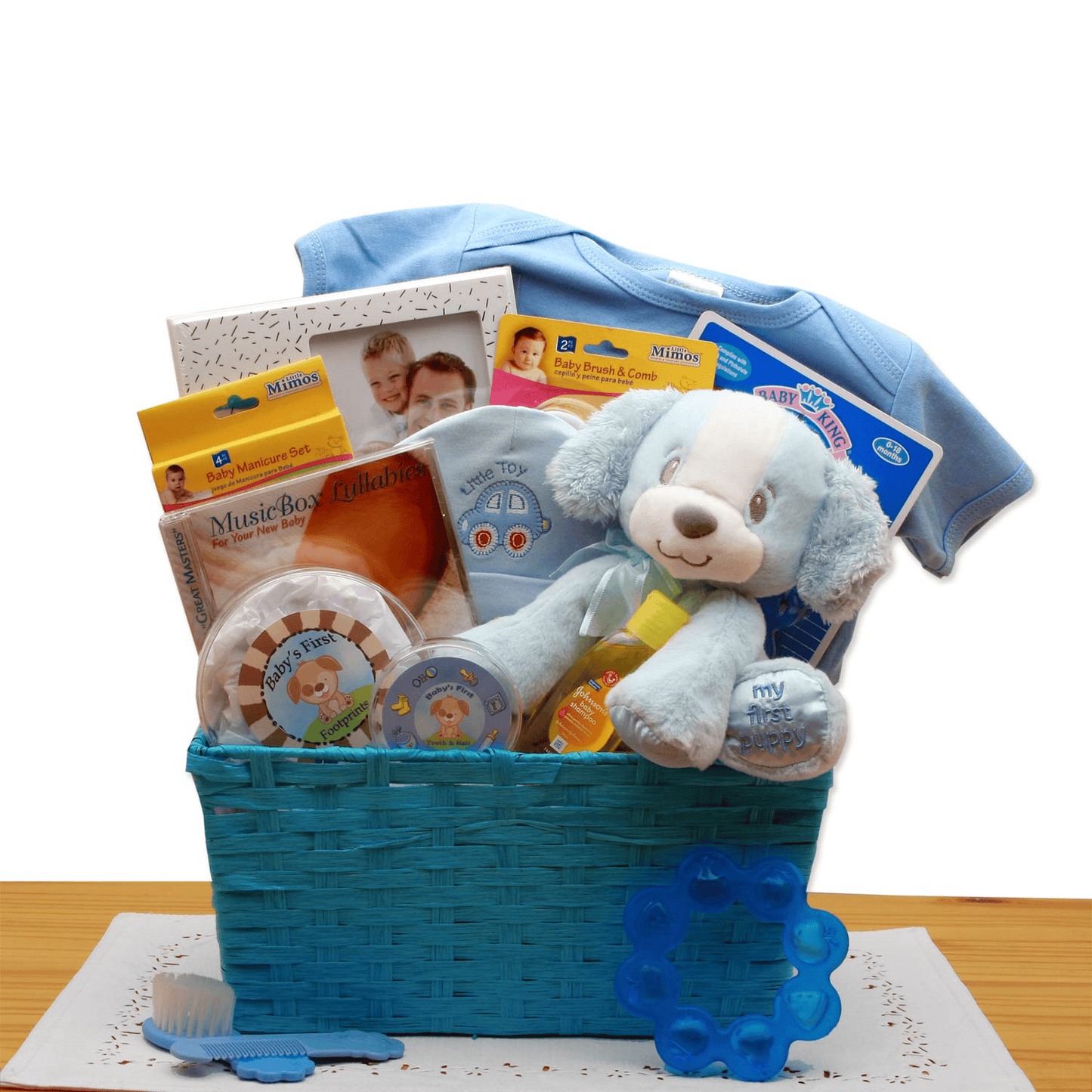 Puppy Love New Baby Gift Basket - Blue - baby bath set - baby boy gift basket - new baby gift basket - baby gift baskets - baby shower gifts - The Little Big Store