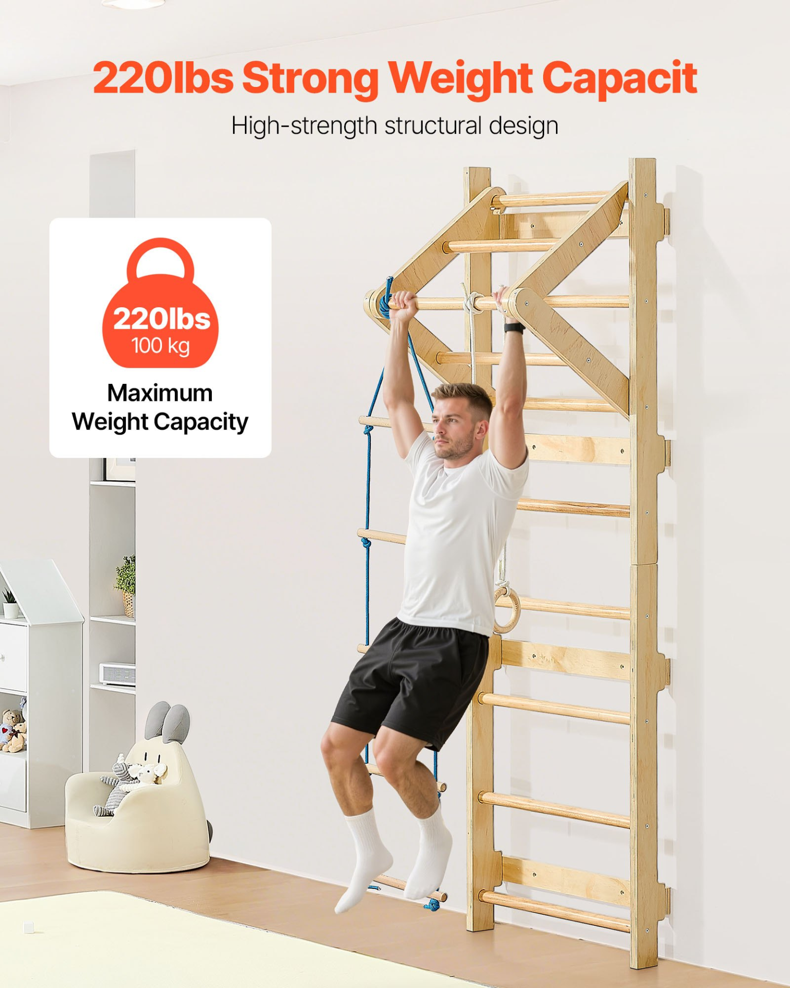 Wooden Swedish Wall Gym Climbing Set – 4-in-1 Indoor Jungle Gym for Kids