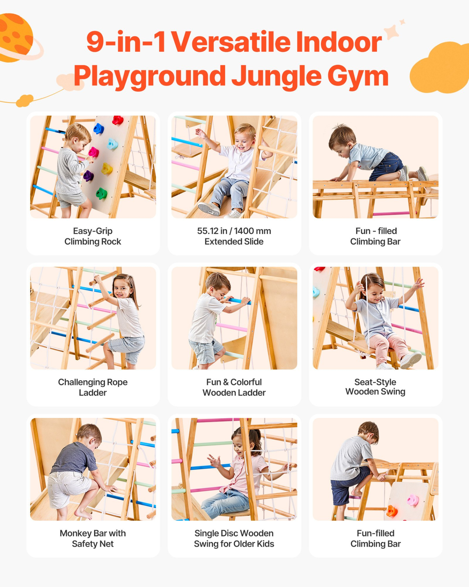 9-in-1 Wooden Indoor Jungle Gym – Montessori Climbing Playset for Kids