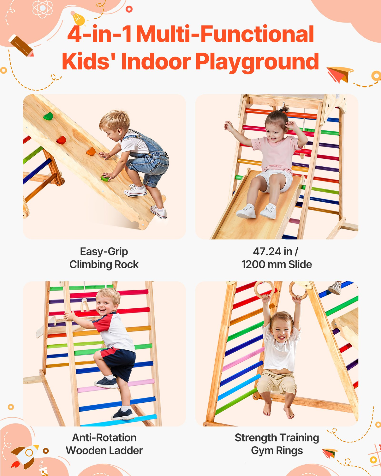 Wooden Indoor Jungle Gym Playset – 4-in-1 Montessori Climbing Set for Kids