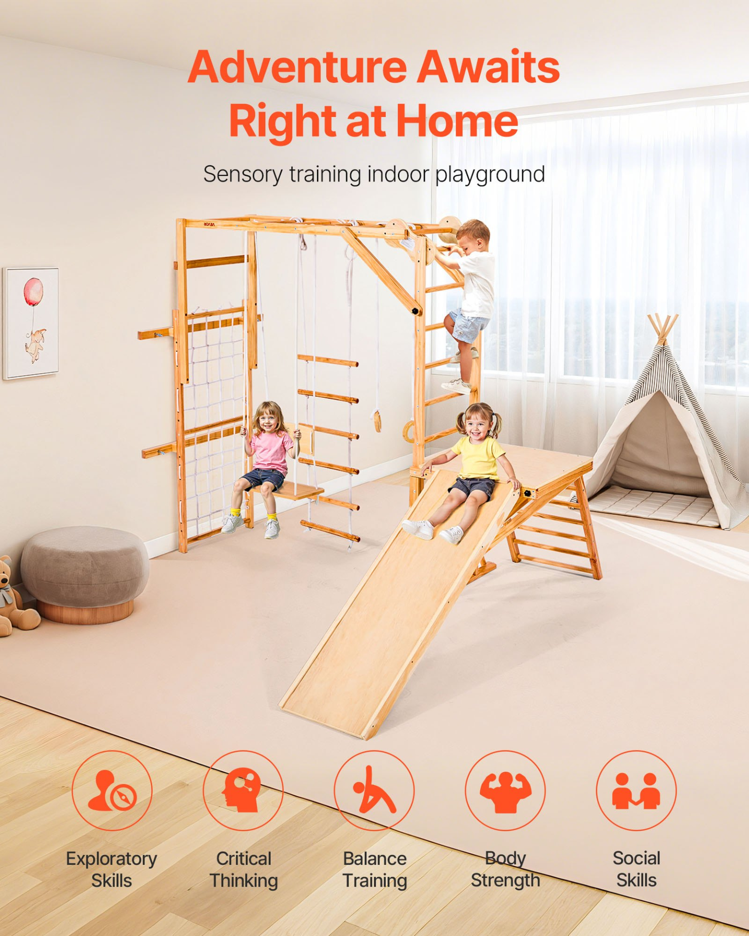 Wooden Indoor Jungle Gym Playground Set – 8-in-1 Montessori Climbing Playset for Kids