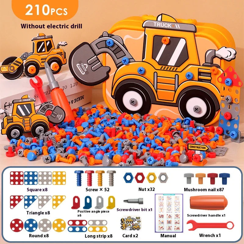 Kids Electric Screw Tool Box β 210 to 220 PCS DIY Construction Toy Set with Optional Electric Drill for Creative Building Play