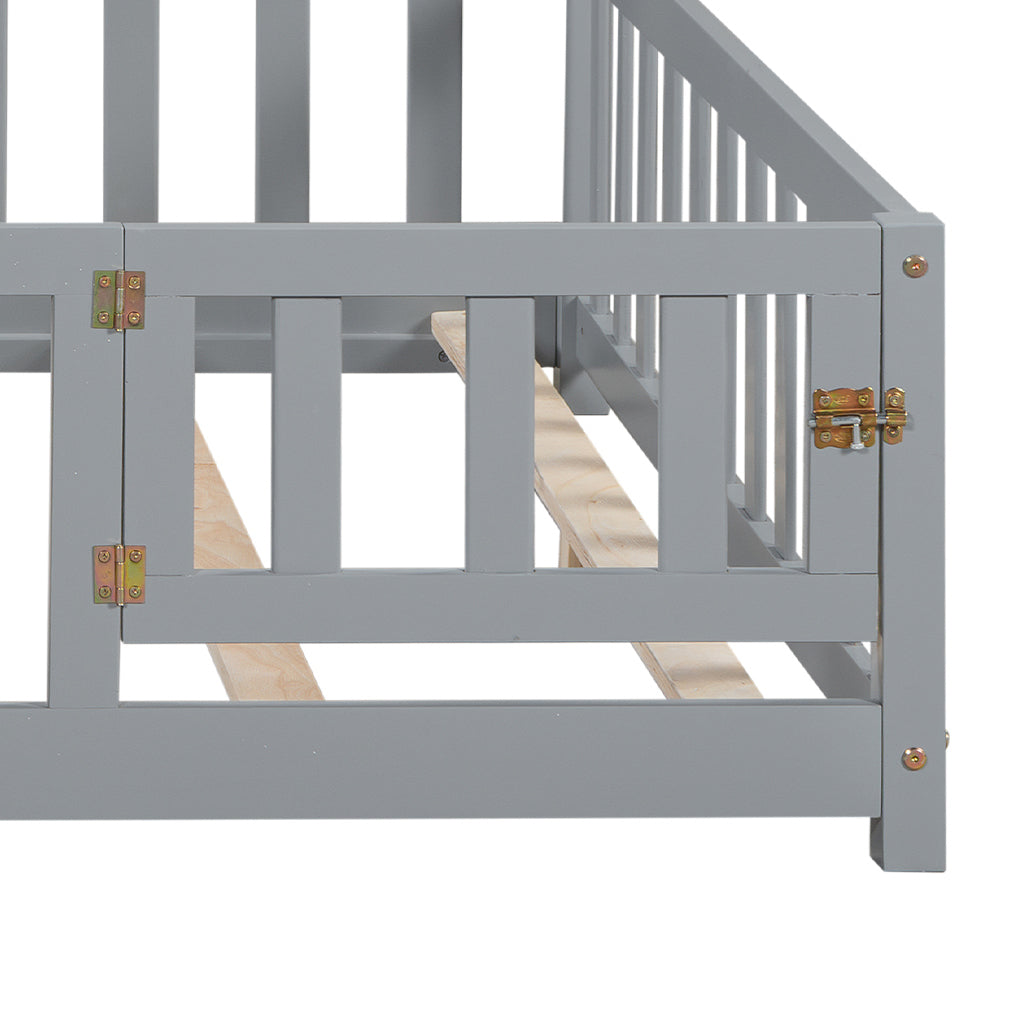 Full-size Montessori Floor Bed with Bookcases and Blackboards, Versatile Platform Beds with Guard rails, Solid Wood Floor Beds with Storage Headboards, Floor Beds for Kids and Teens Grey