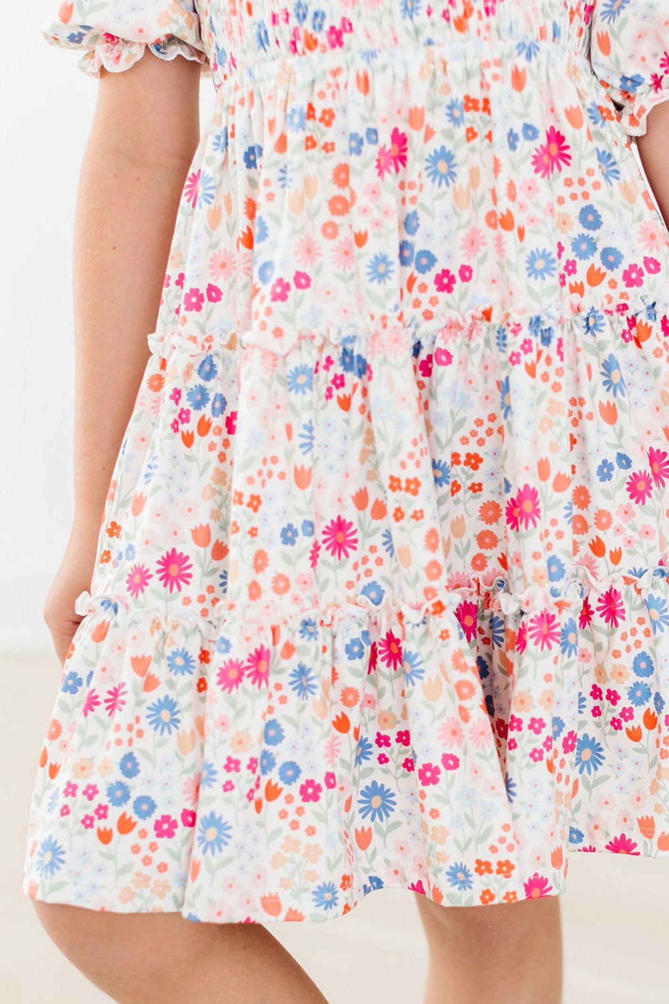 🌿 MeadowMagic Smocked Ruffle Dress ✨ – Whimsical Floral Charm for Little Girls