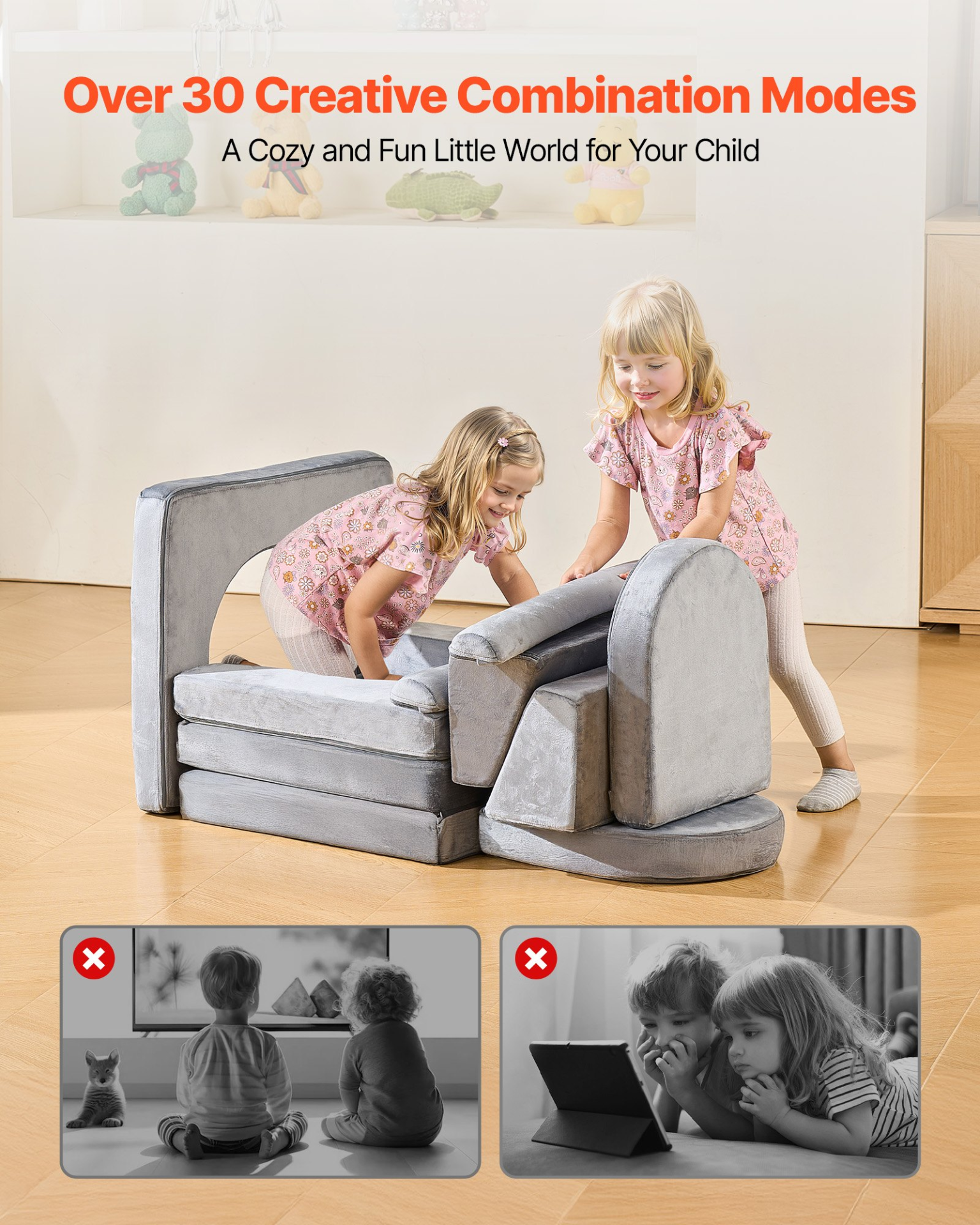 Modular Kids Play Couch – 10-Piece Convertible Toddler Sofa Set (Gray)