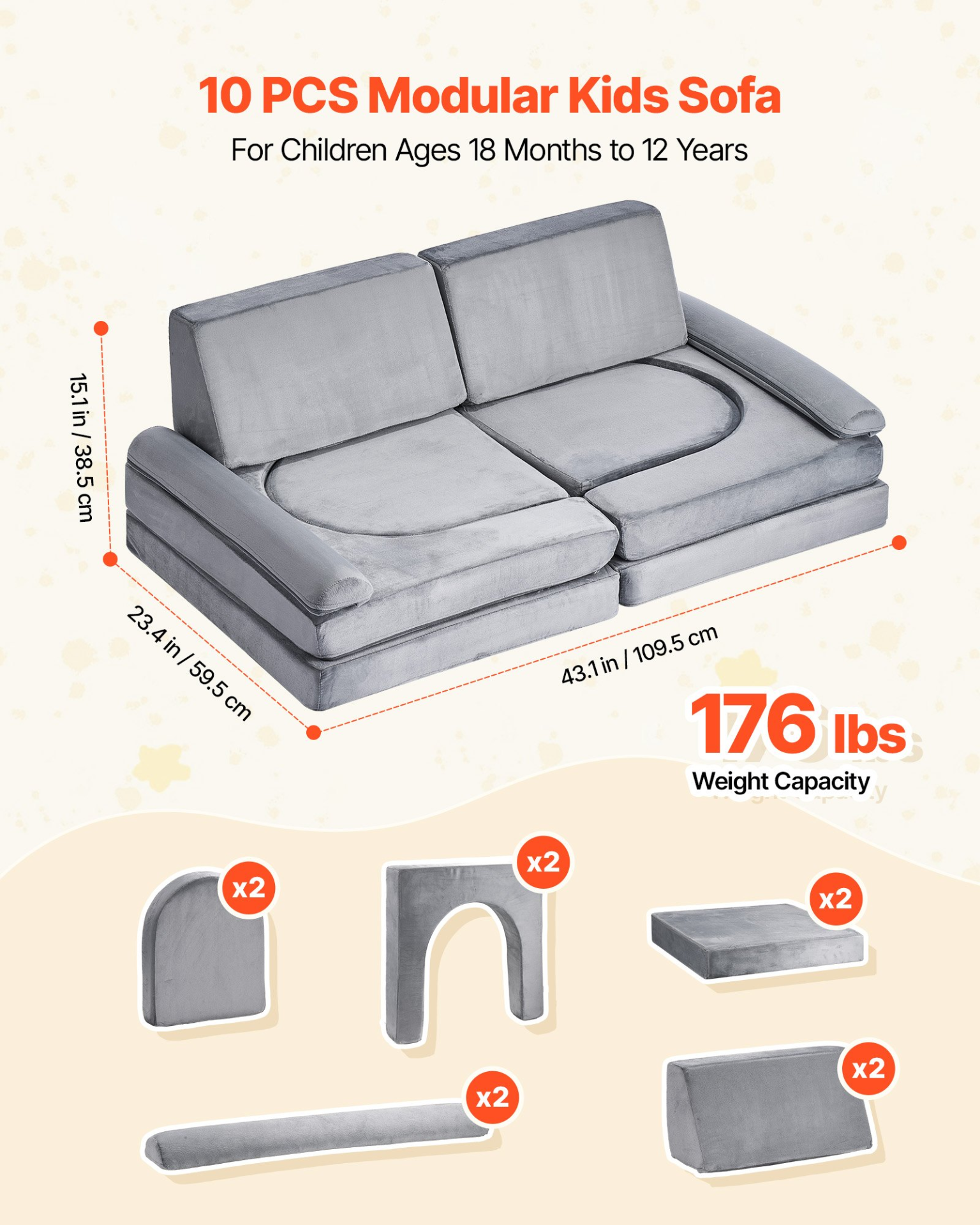 Modular Kids Play Couch – 10-Piece Convertible Toddler Sofa Set (Gray)