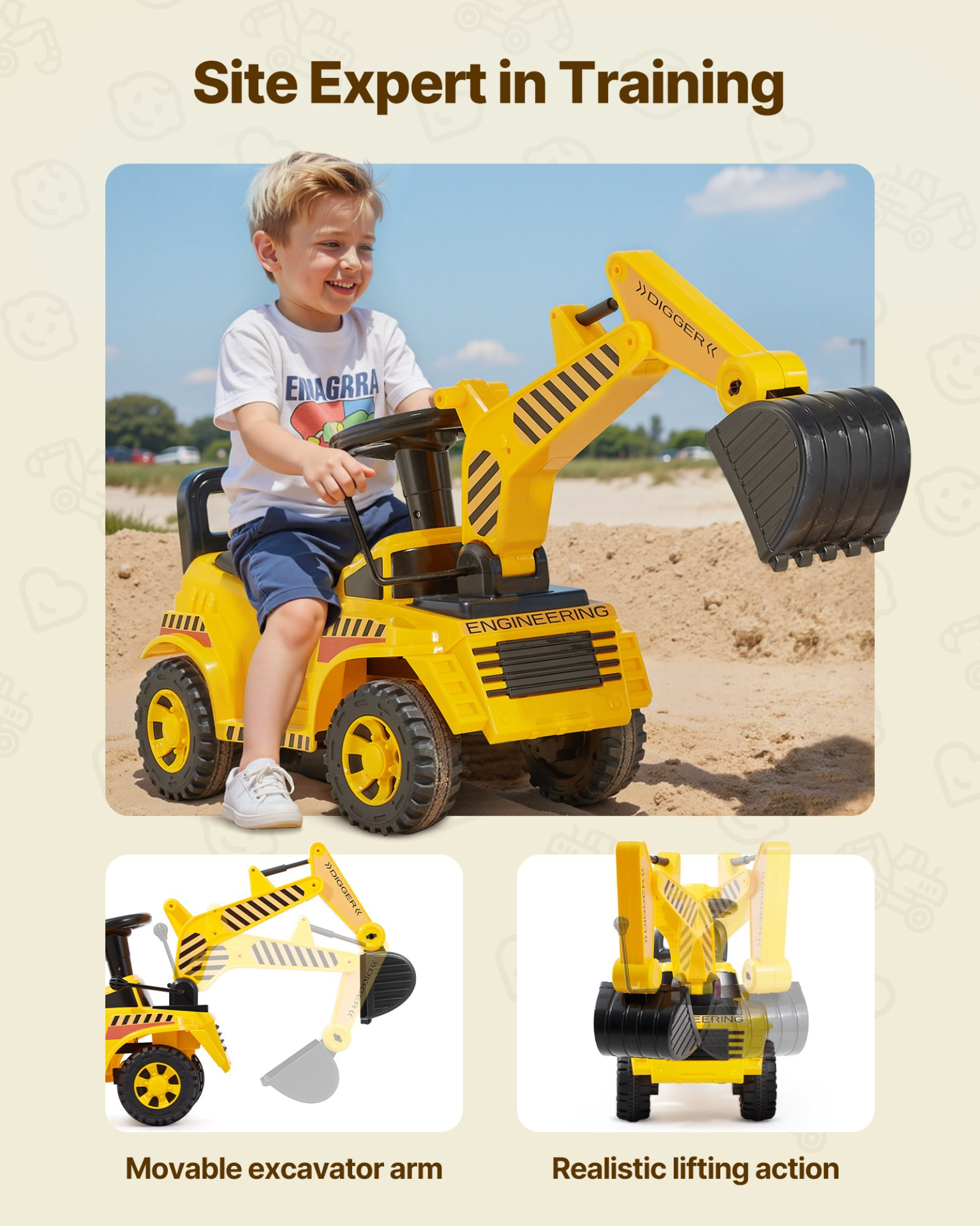 VEVOR Ride On Toddler Car, Push Car for Toddler 19 to 36 Months, Excavator Digger Toy with Helmet & Music, 55 lbs Load Capacity, Foot-to-Floor Walker for Kids, Yellow