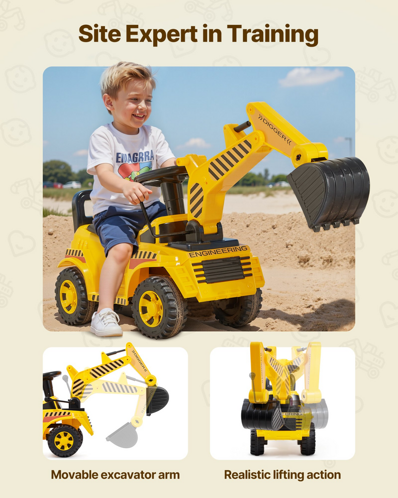 🚜 DigMaster™ Toddler Excavator Ride-On Car – Foot-to-Floor Construction Digger with Helmet, Music & Push Ride Toy for Kids 19-36 Months