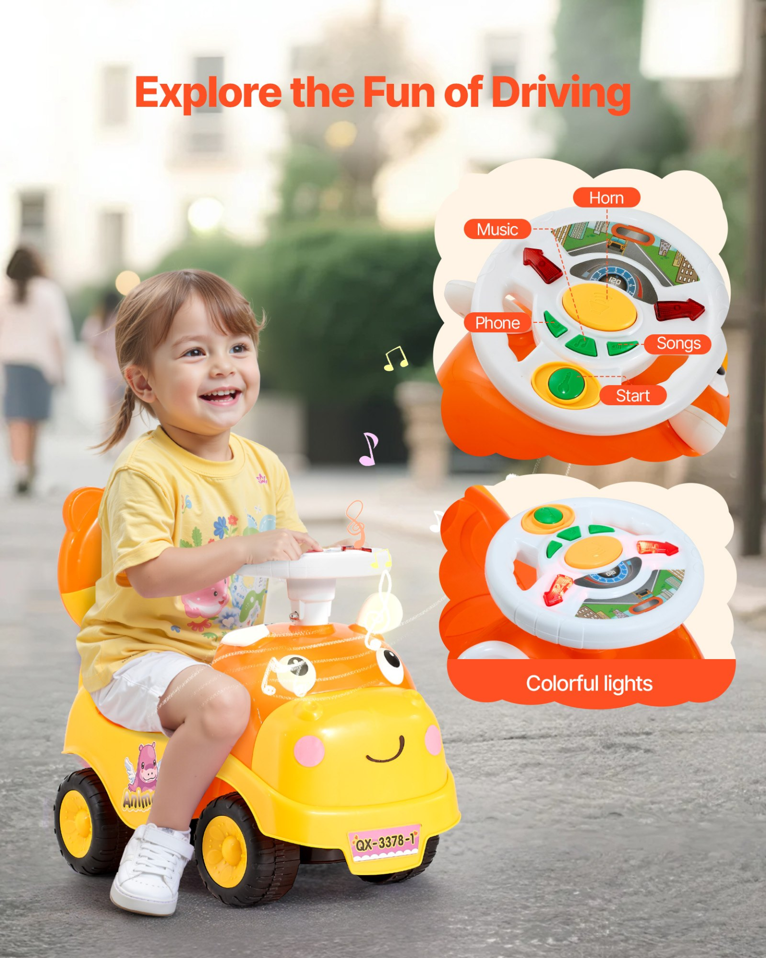 TinyCruiser™ Deluxe Toddler Ride-On Push Car – Foot-to-Floor Walker with Horn, Music, Under-Seat Storage for Kids 19–36 Months