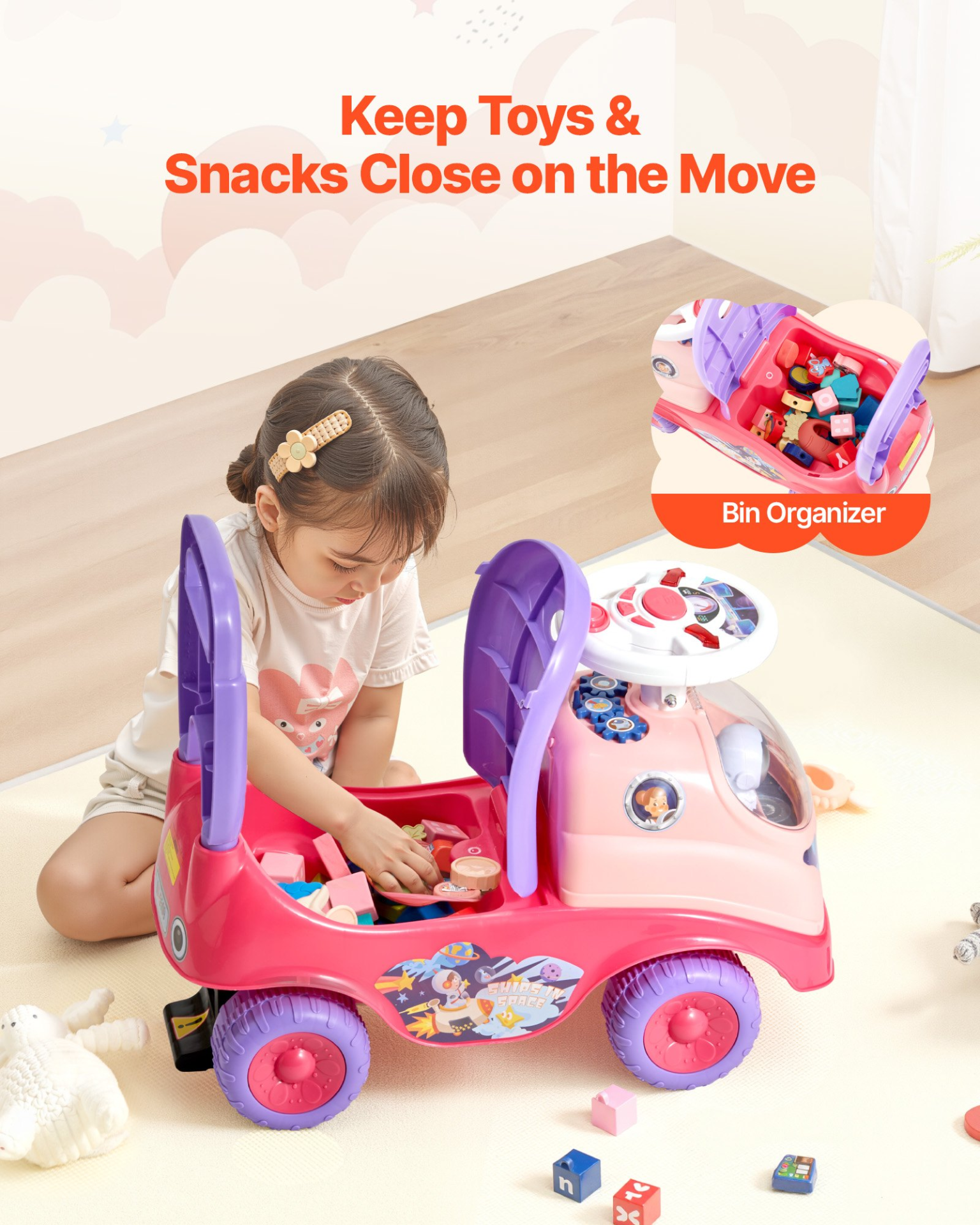TinyCruiser™ Deluxe Toddler Ride-On Push Car – Foot-to-Floor Walker with Horn, Music & Under-Seat Storage for Kids Ages 19–36 Months (Pink)
