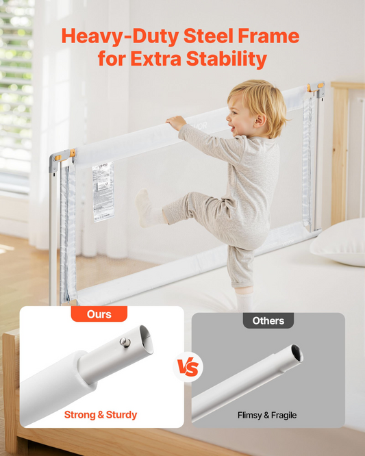Child playing on a bed with a safety rail, emphasizing heavy-duty steel frame stability.