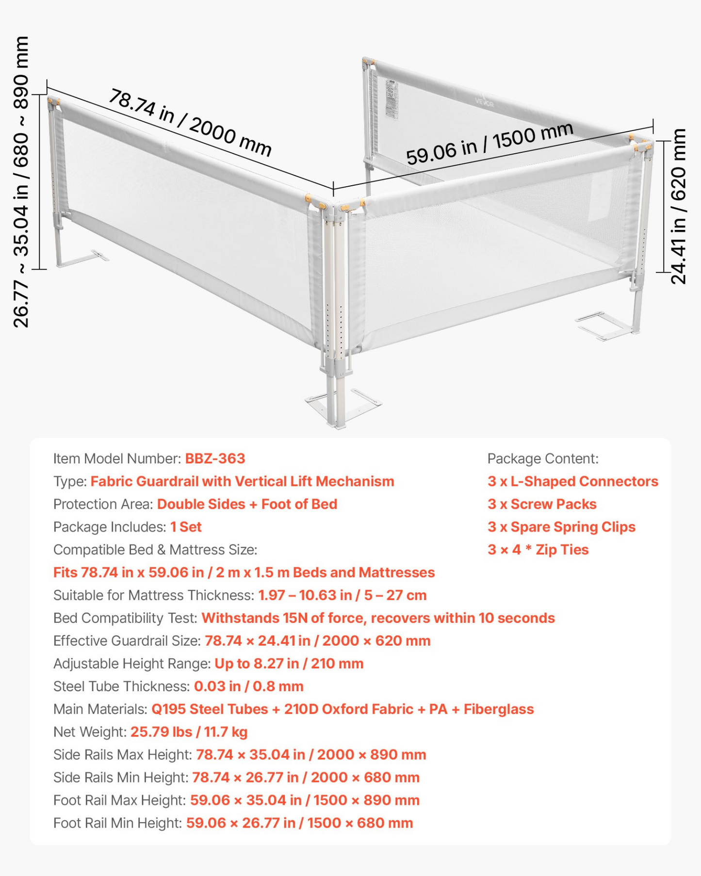 Fabric guardrail with vertical lift mechanism for beds, showing dimensions and specifications.
