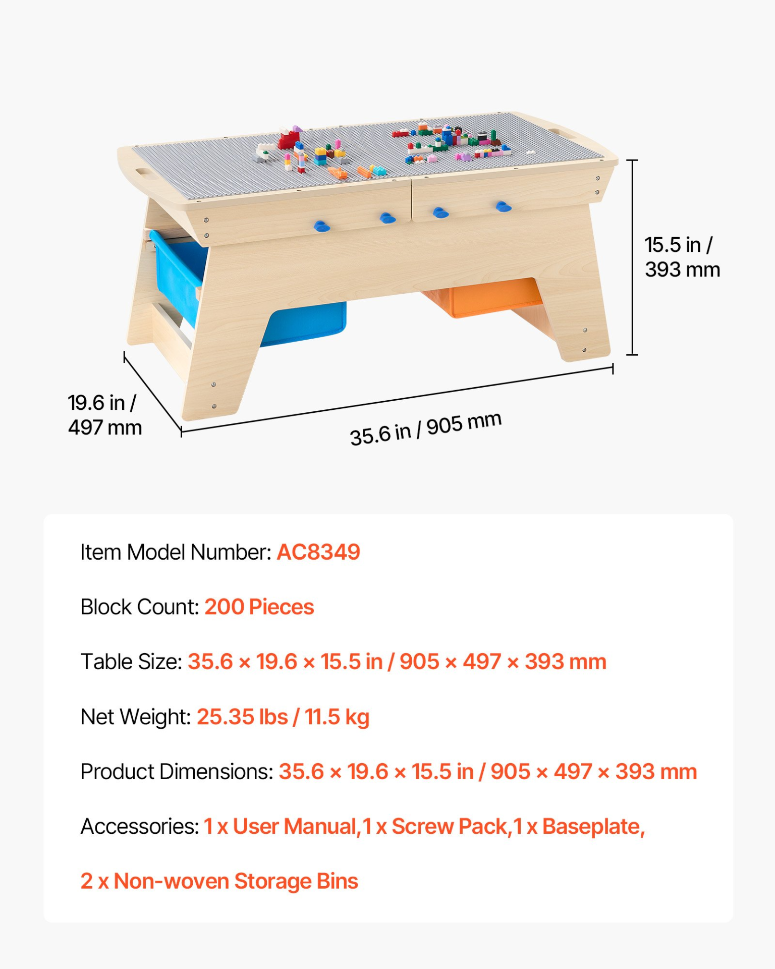 Reversible Wooden Activity Table with 200 Building Bricks