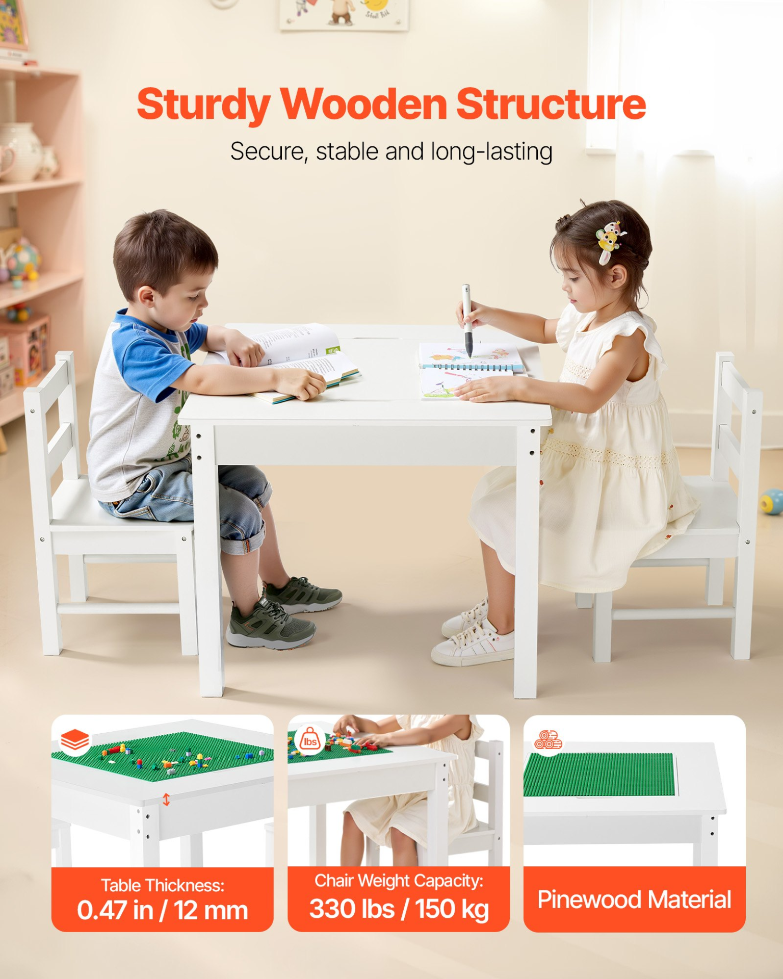 Kids Activity Table and 2 Chairs Set with Storage – Building Blocks Play Desk (White)