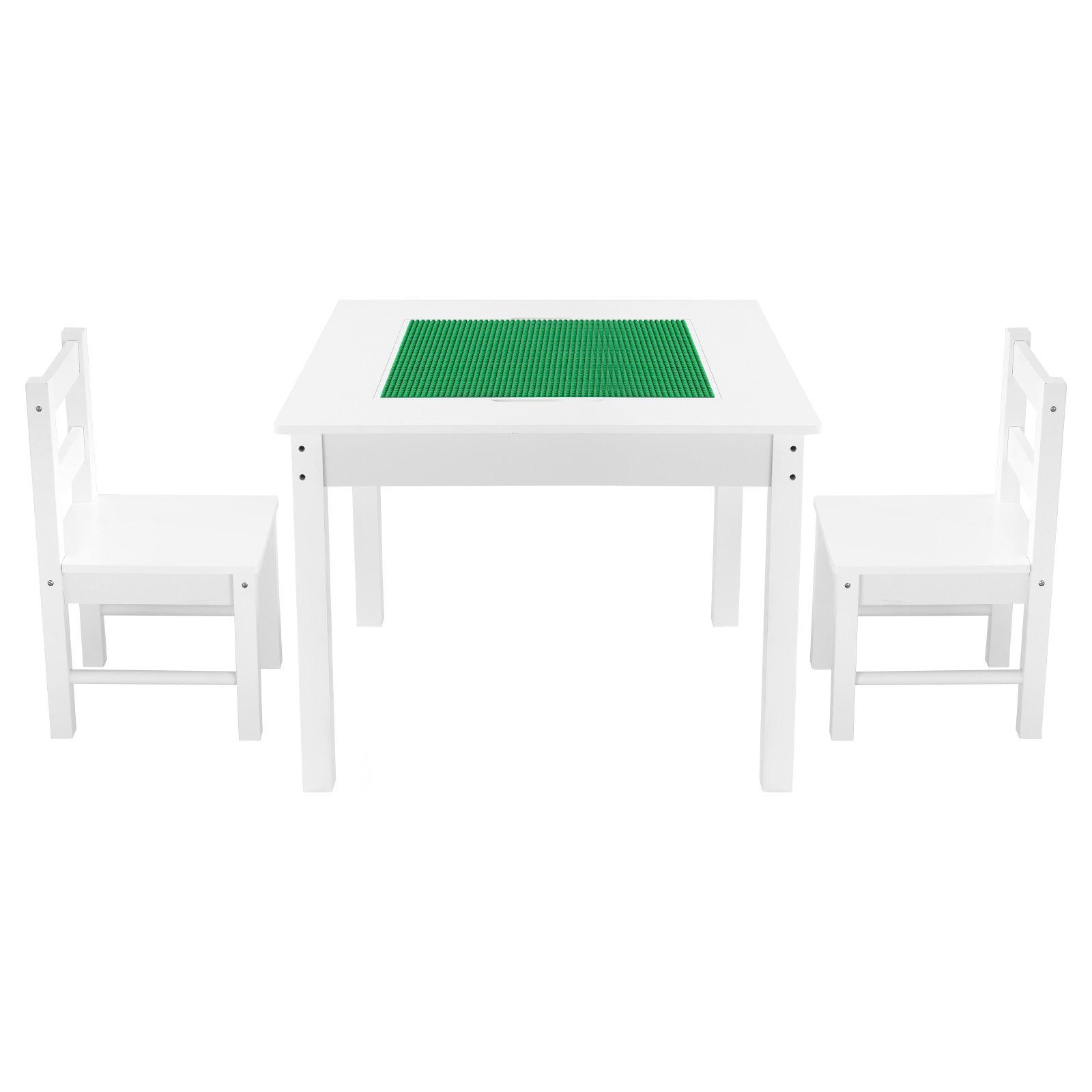 Kids Activity Table and 2 Chairs Set with Storage – Building Blocks Play Desk (White)