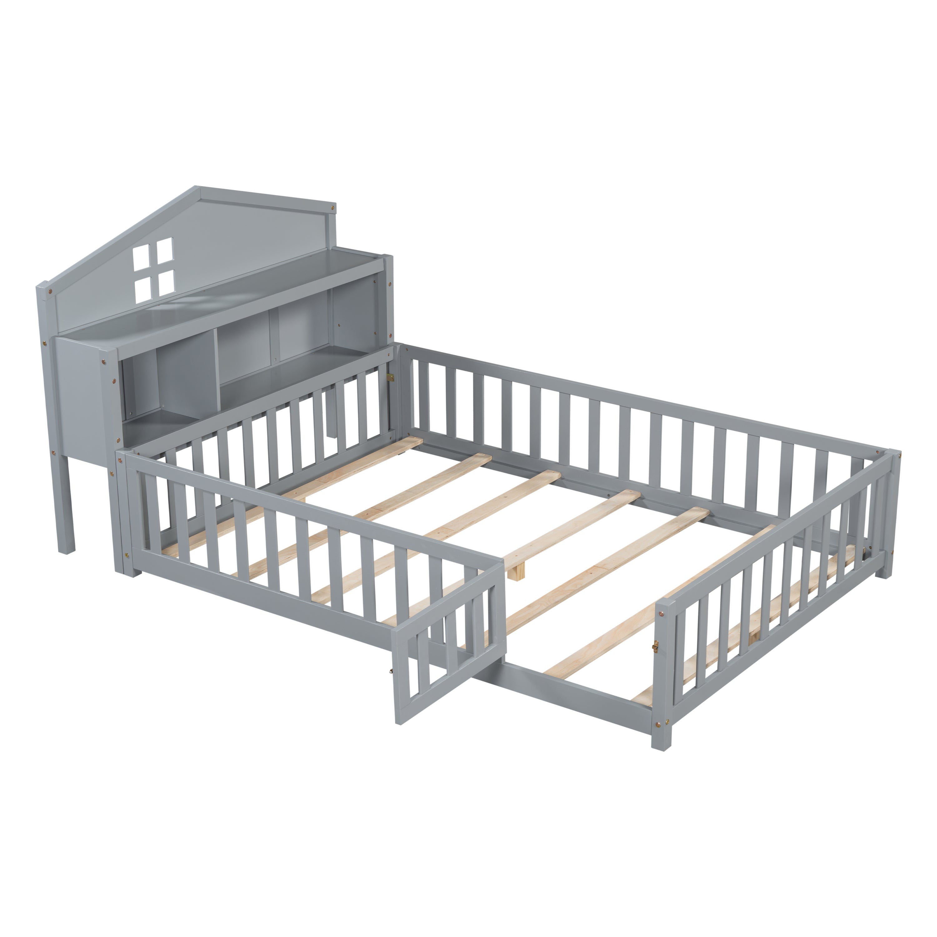 Full-size Montessori Floor Bed with Bookcases and Blackboards, Versatile Platform Beds with Guard rails, Solid Wood Floor Beds with Storage Headboards, Floor Beds for Kids and Teens Grey
