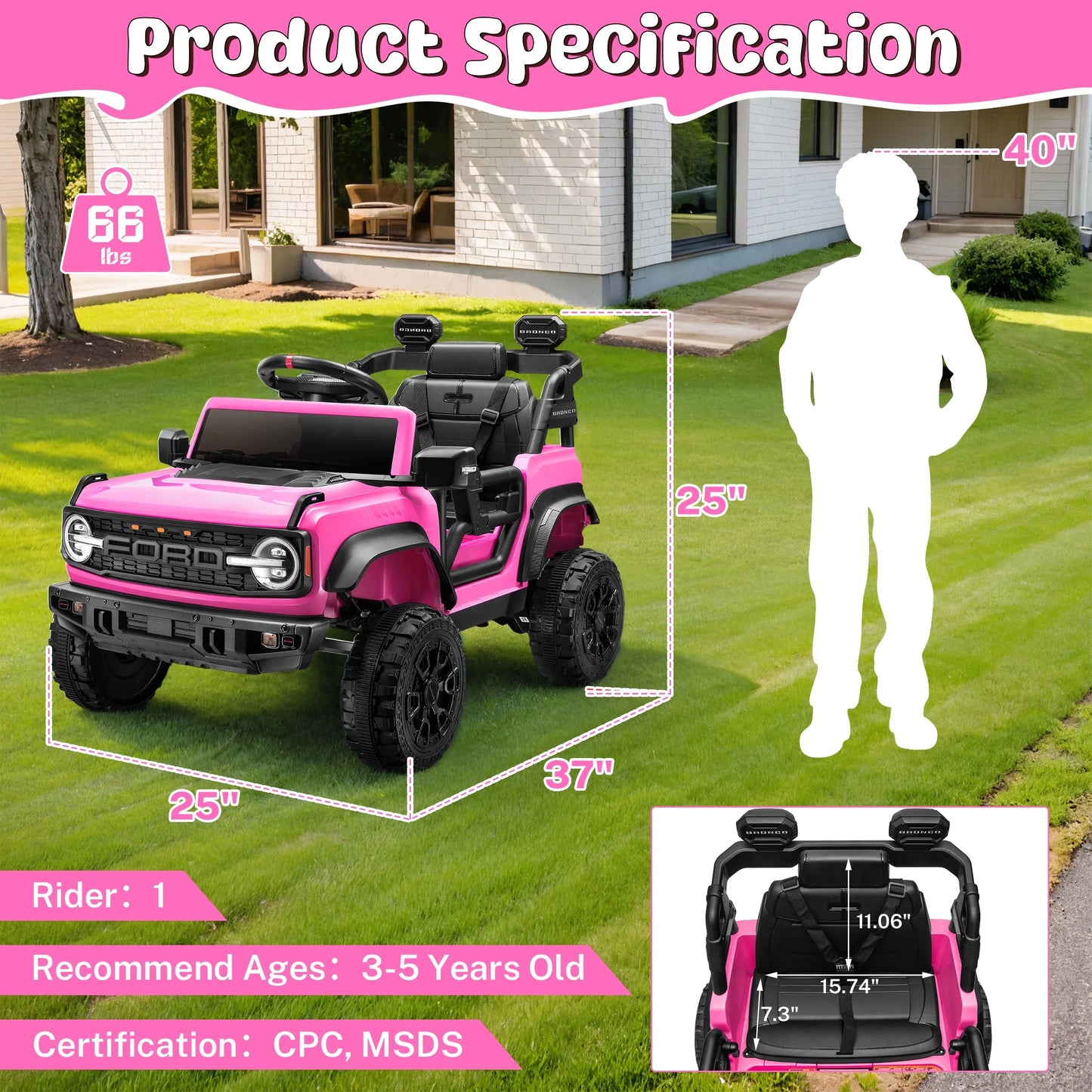 Ford Bronco Raptor Electric Ride on Toy Car for Toddler Kids, 12V Battery Powered Ride on Cars W/Remote Control, Bluetooth & Lights, Pink