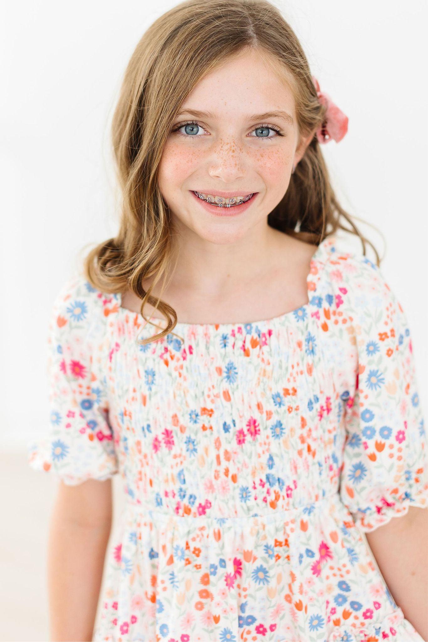 🌿 MeadowMagic Smocked Ruffle Dress ✨ – Whimsical Floral Charm for Little Girls