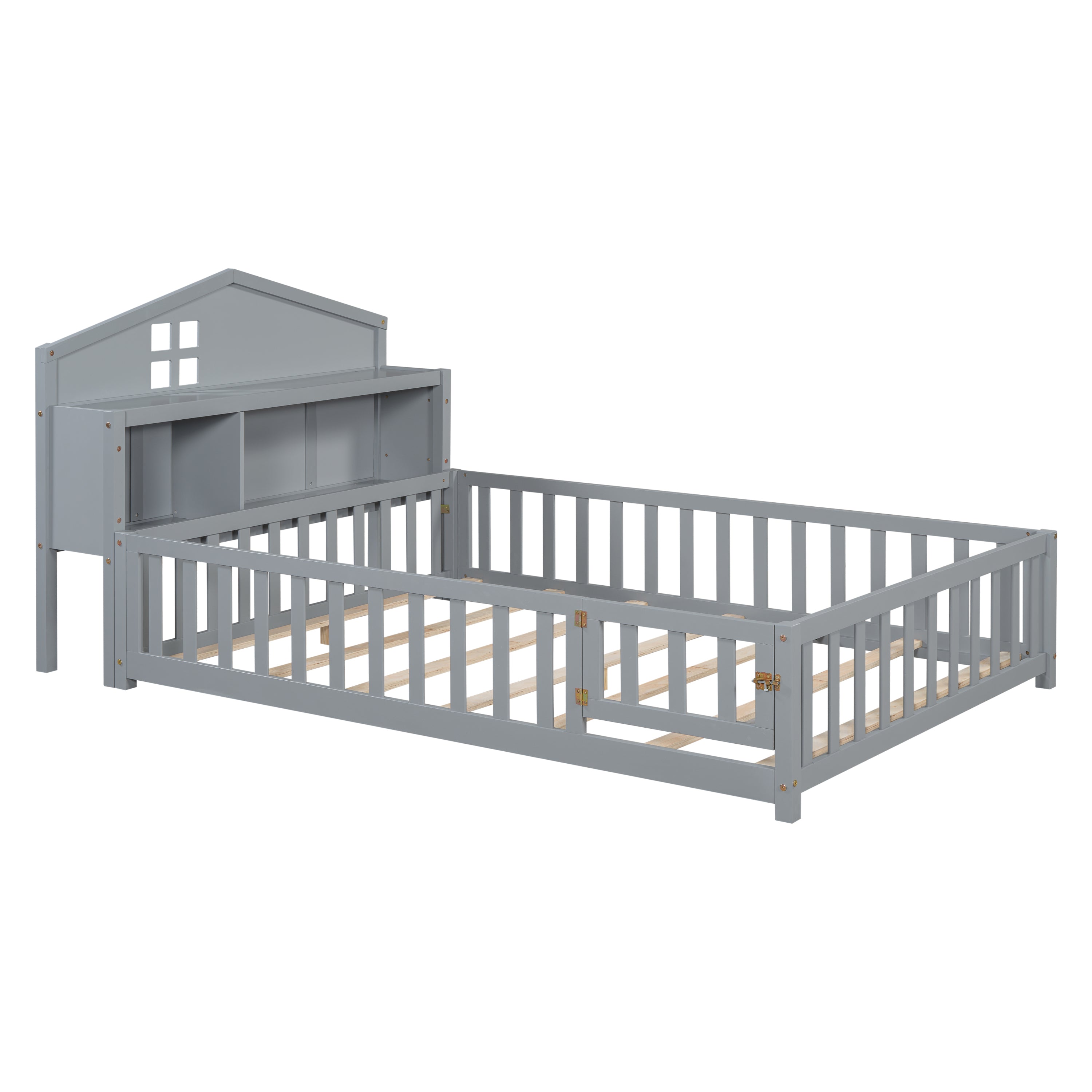 Full-size Montessori Floor Bed with Bookcases and Blackboards, Versatile Platform Beds with Guard rails, Solid Wood Floor Beds with Storage Headboards, Floor Beds for Kids and Teens Grey