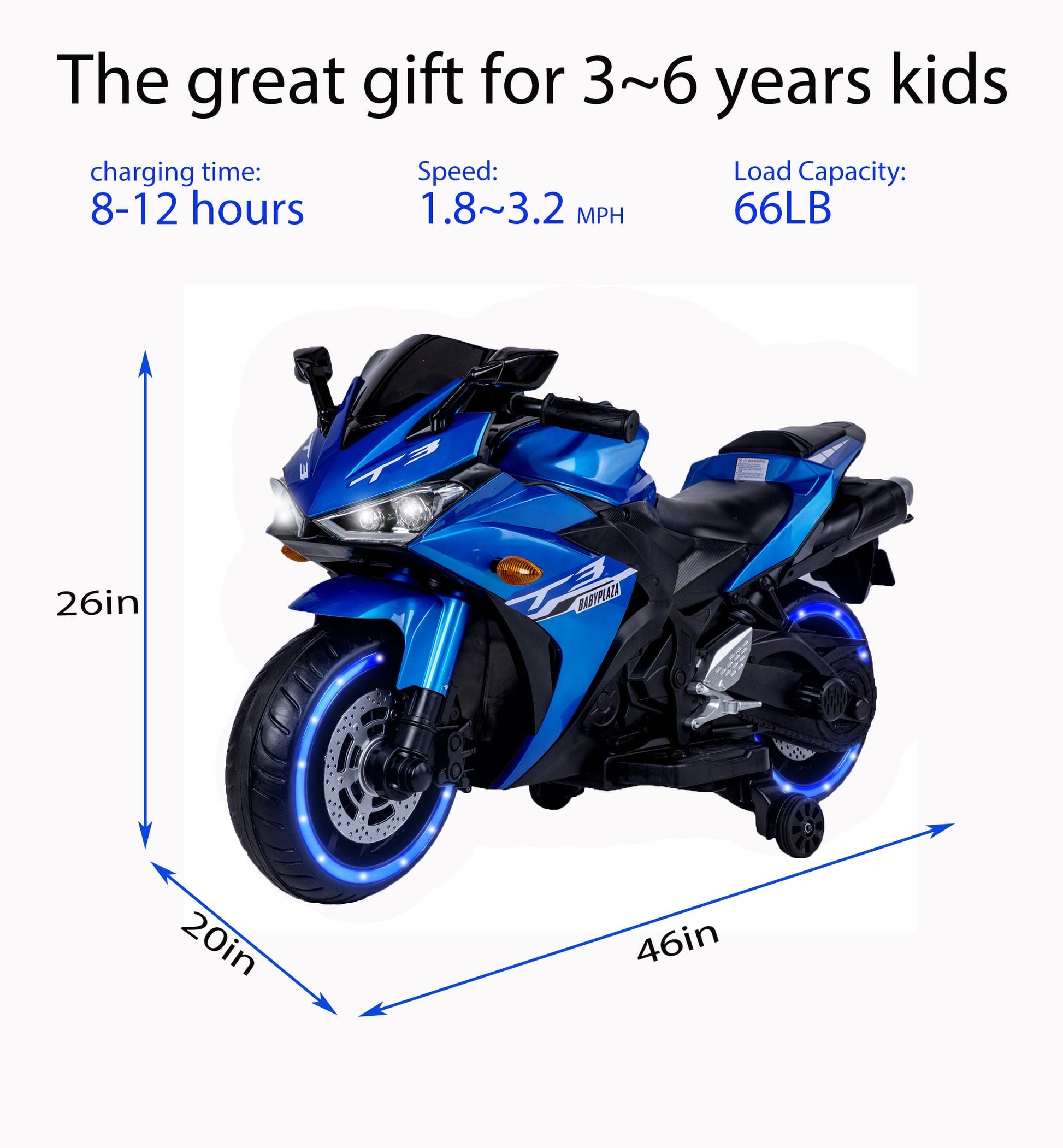 kids motorcycle, 12V motorcycle for kids 3 4 5 6 years Boys Girls 12v7ah kids motorcycle ride on toy with Training Wheels/manual throttle/ drive by hand /Lighting wheels - The Little Big Store
